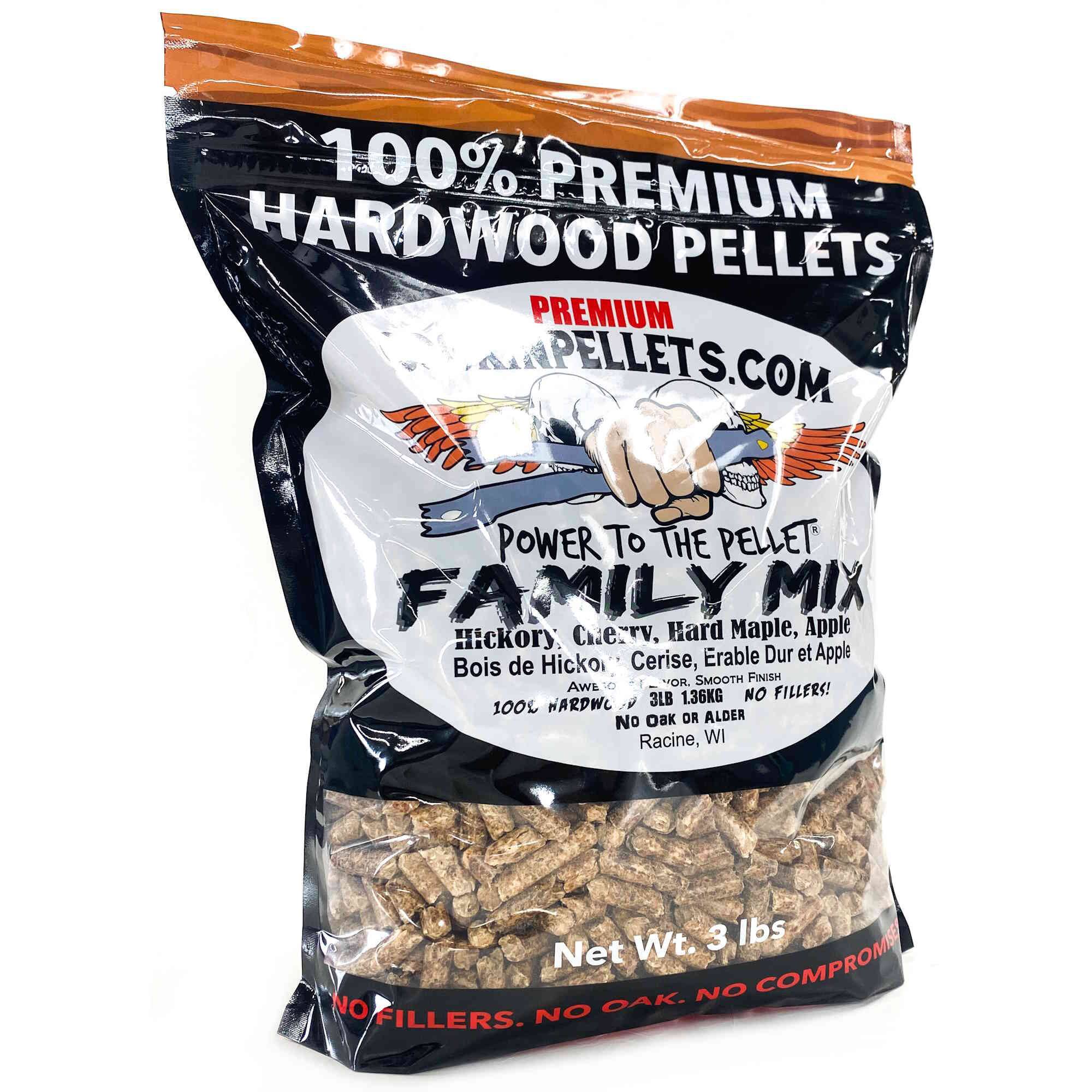 100% PREMIUM HARDWOOD PELLETS  
PREMIUM PELLETS.COM  
POWER TO THE PELLET FAMILY MIX  
Hickory, Cherry, Hard Maple, Apple  
Bois de Hickory, Cerise, Erable Dur et Apple  
100% HARDWOOD, 3LB 1.36KG, NO FILLERS!  
No Oak or Alder  
Racine, WI  
Net Wt. 3 lbs  
NO FILLERS. NO OAK. NO COMPROMISE