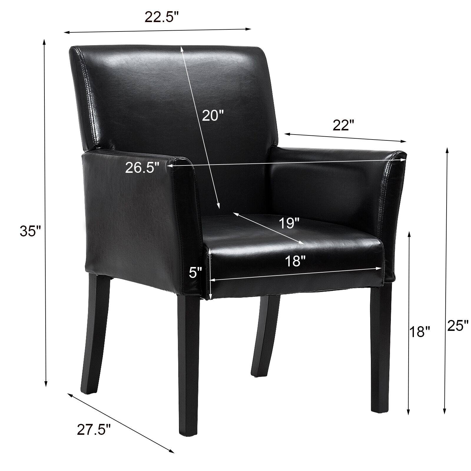 Height: 35", Width: 26.5", Depth: 22.5", Seat Depth: 19", Seat Width: 18", Back Height: 20", Leg Height: 27.5", Arm Height: 22", Leg Width: 18", Thickness: 5"