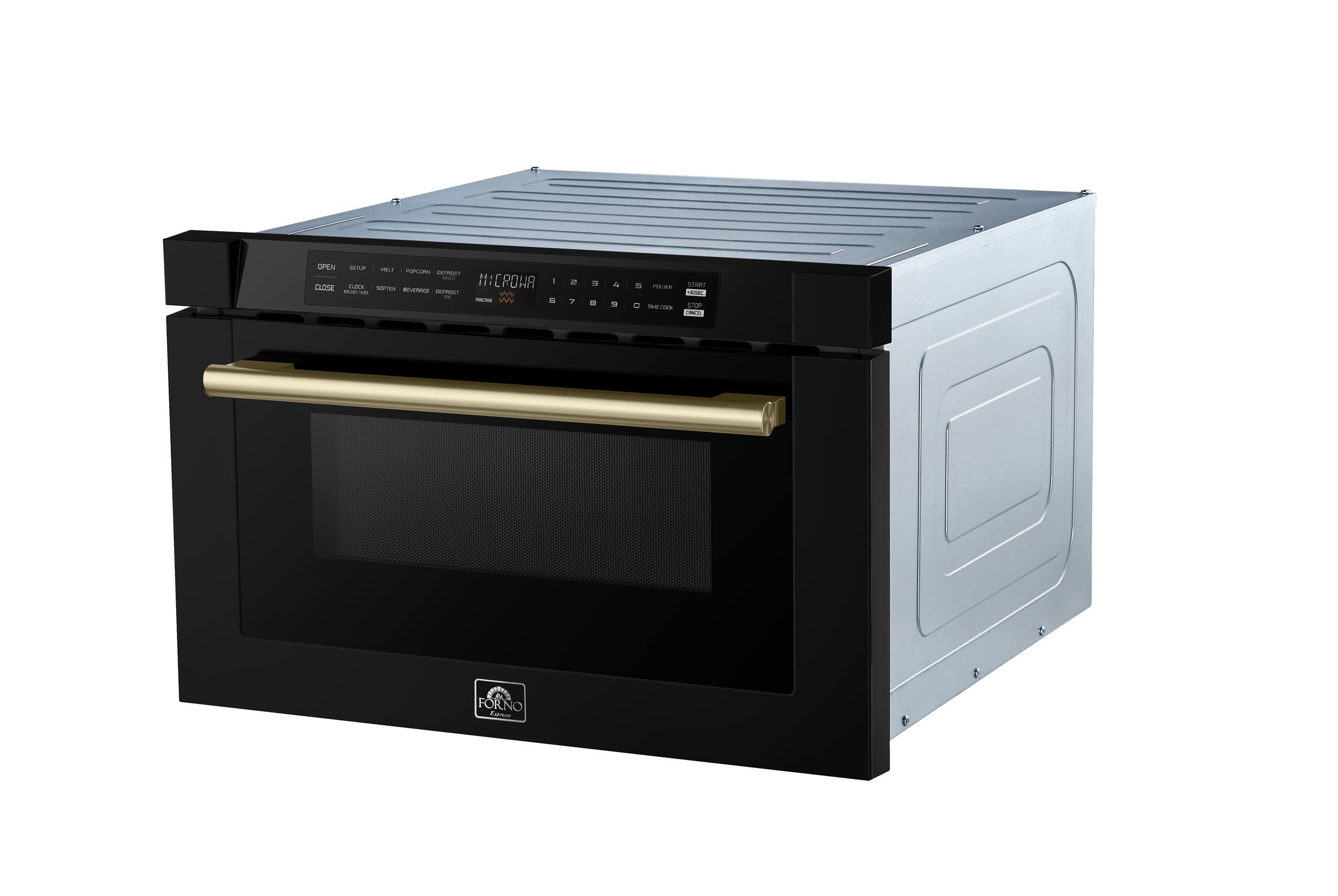 The image shows a black and white oven with a gold handle. The oven has a stainless steel finish and features a built-in dishwasher. The oven is designed to be a combination of a stove and a microwave, providing both cooking and heating options. The oven is displayed in a white background, making it stand out as the main focus of the image.