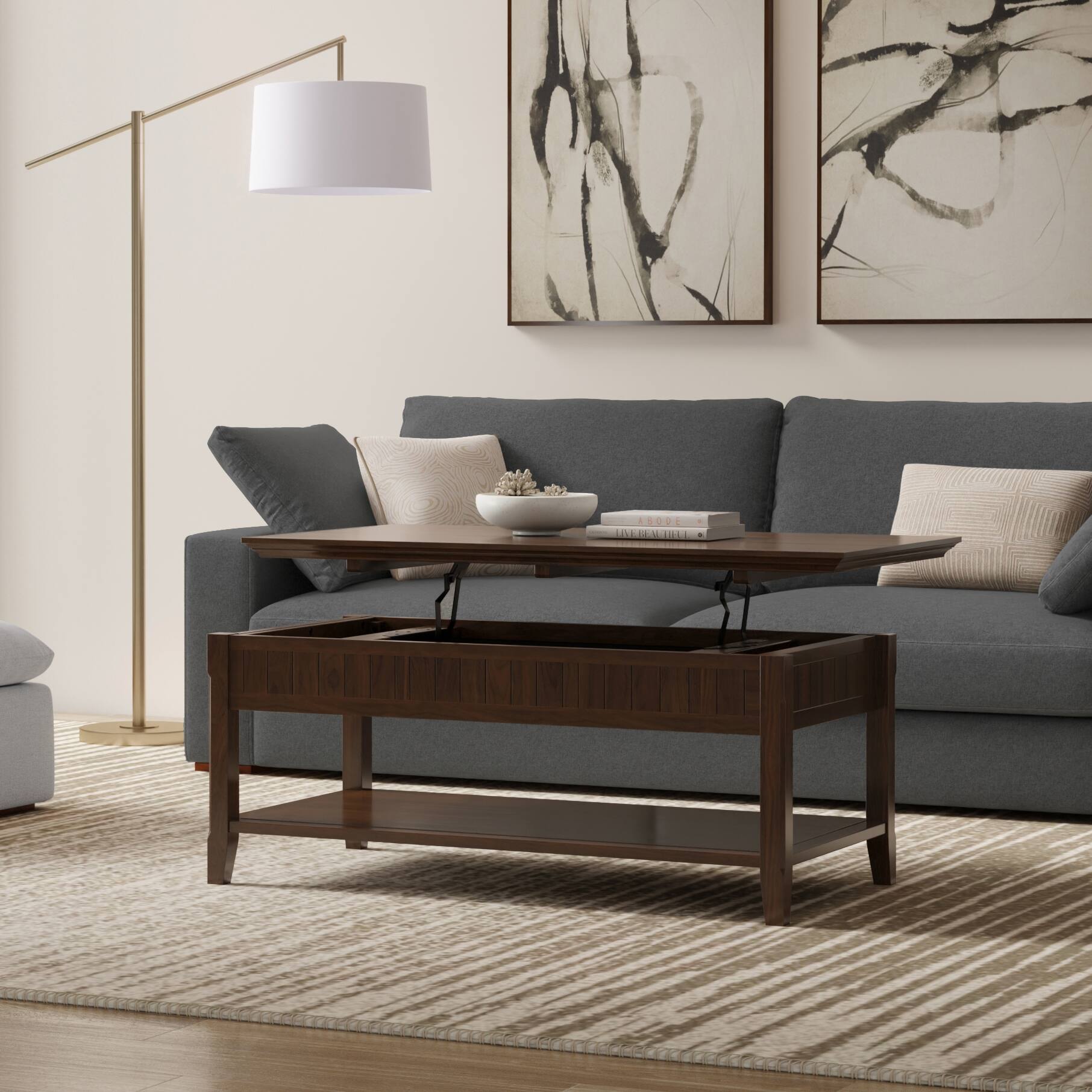 Angle. Simpli Home - Acadian 48 inch Wide Solid Wood Lift Top Coffee Table in Brunette Brown - Brunette Brown.