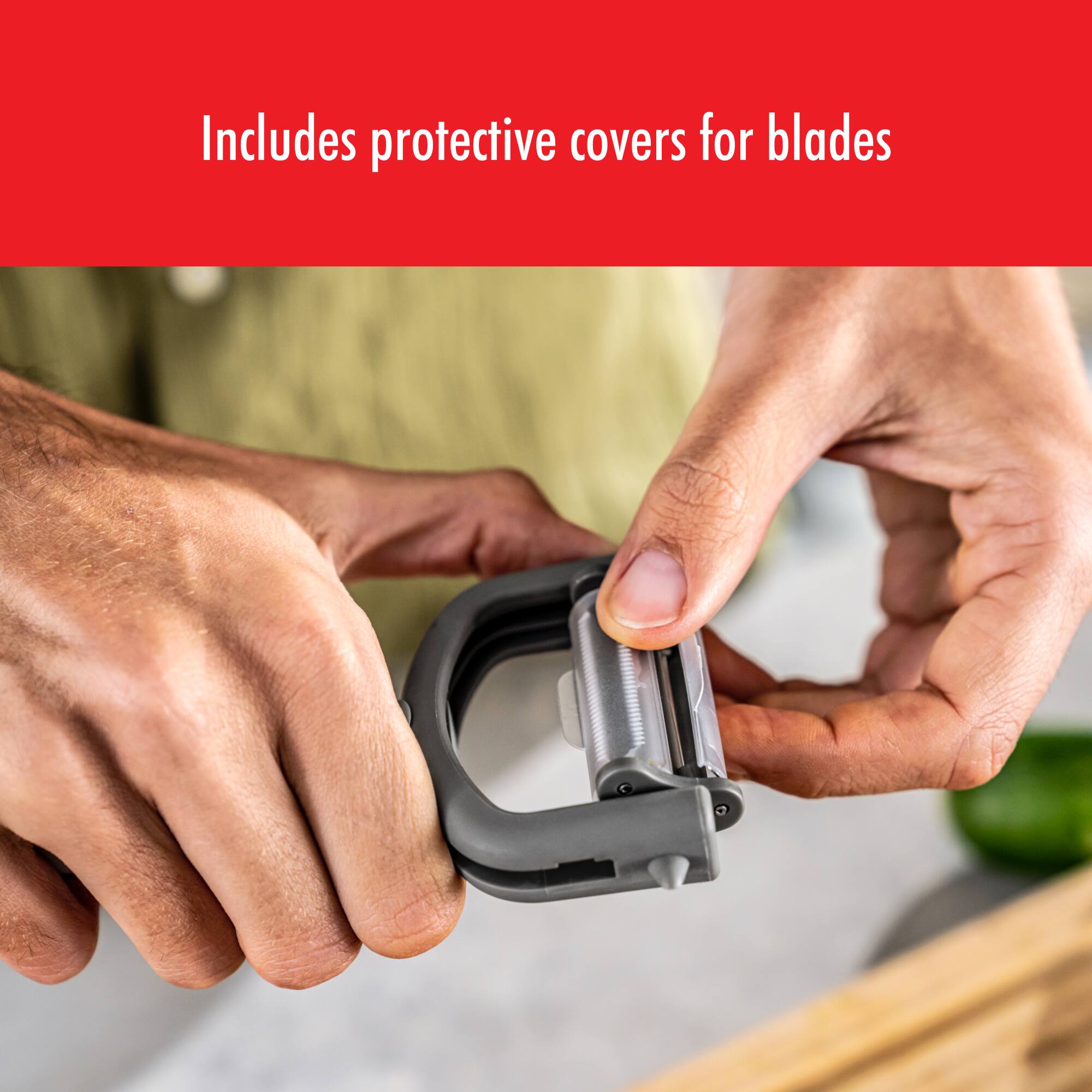 Includes protective covers for blades