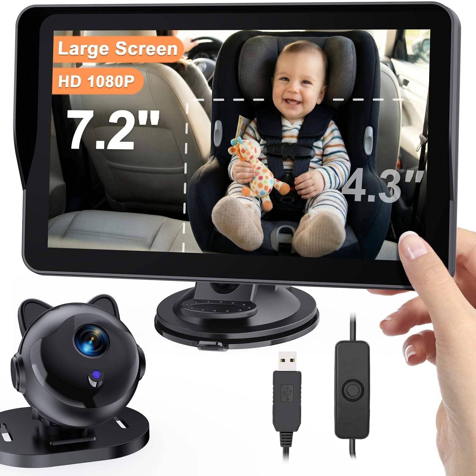 PRIMEPLUS - 7.2-Inch Baby Car Camera with 1080P Auto Night Vision, 150° Wide-Angle Rear Seat Monitor for Rear-Facing Infant