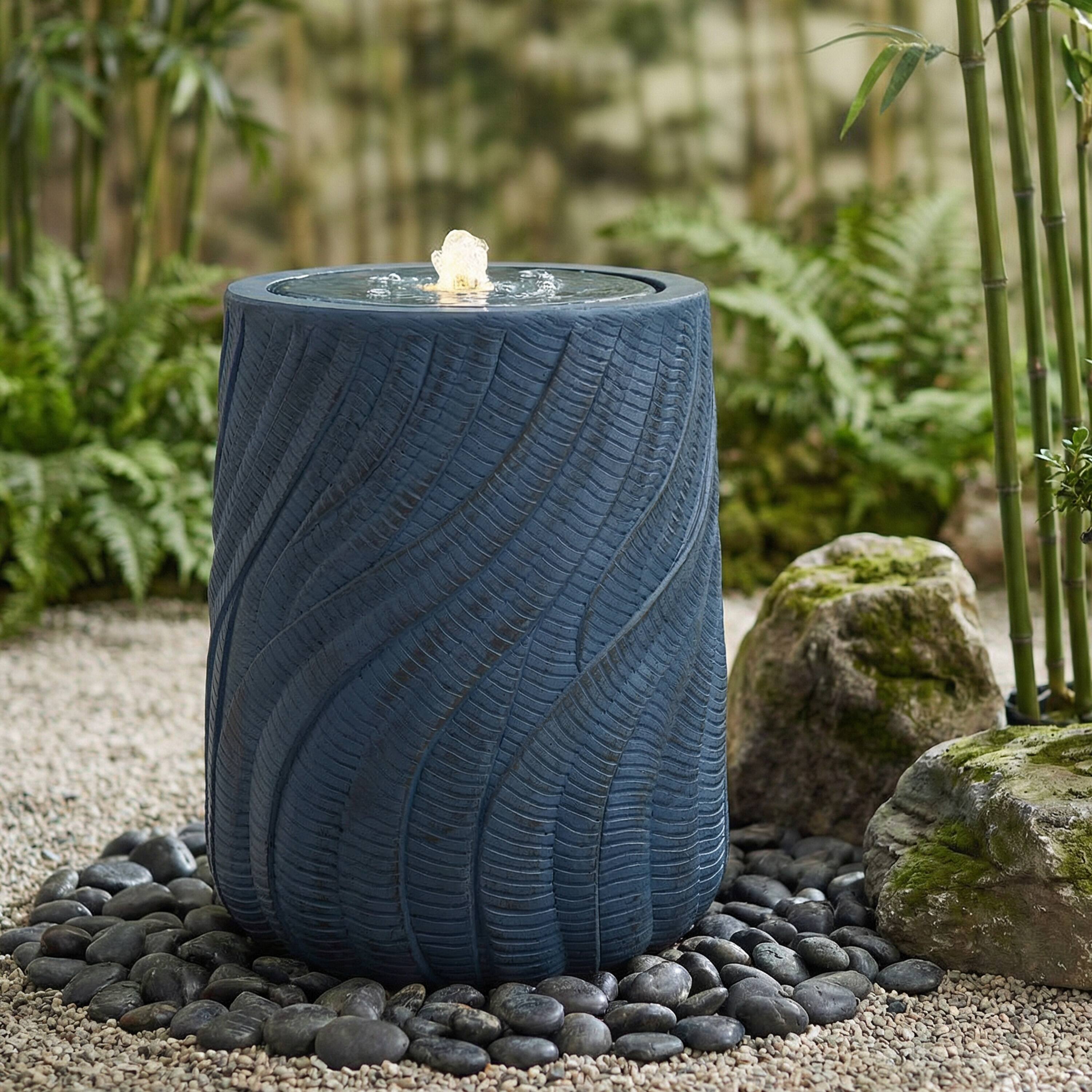 Alt View 9. Sunnydaze - Textured Spiral Outdoor Bubble Fountain with LED Light - Blue.
