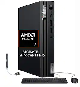 Lenovo - Upgraded - ThinkCentre M75q Mini Desktop (Ryzen 7 PRO 8700GE, 64GB, 2TB SSD, WiFi 6,BT 5.2, Win 11 Pro) w/USB Hub - Black