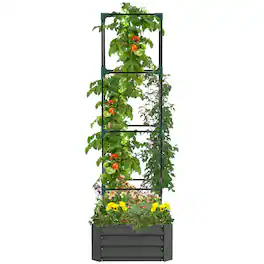 Outsunny - Galvanized Raised Garden Bed, 73.5" Tall Outdoor Planter Box with Trellis Tomato Cage and Open Bottom for Climbing Vines - Dark Gray