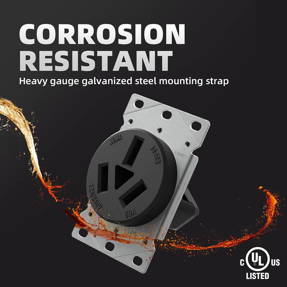 CORROSION RESISTANT  
Heavy gauge galvanized steel mounting strap  

NEMA 725/250 SDA 10-50R  
E:09821  

L 30 US LISTED
