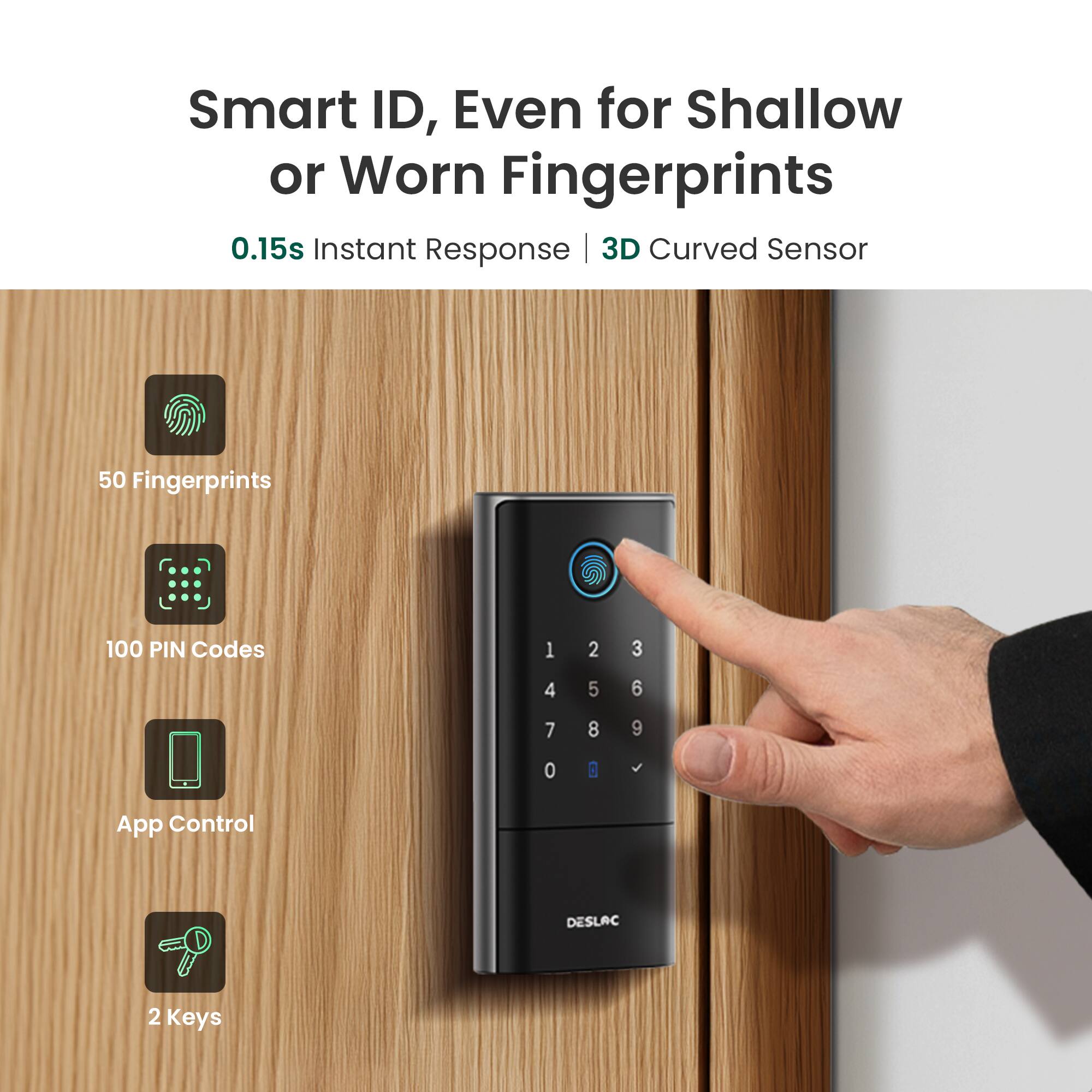 Smart ID, Even for Shallow or Worn Fingerprints  
0.15s Instant Response | 3D Curved Sensor  
50 Fingerprints  
100 PIN Codes  
App Control  
2 Keys