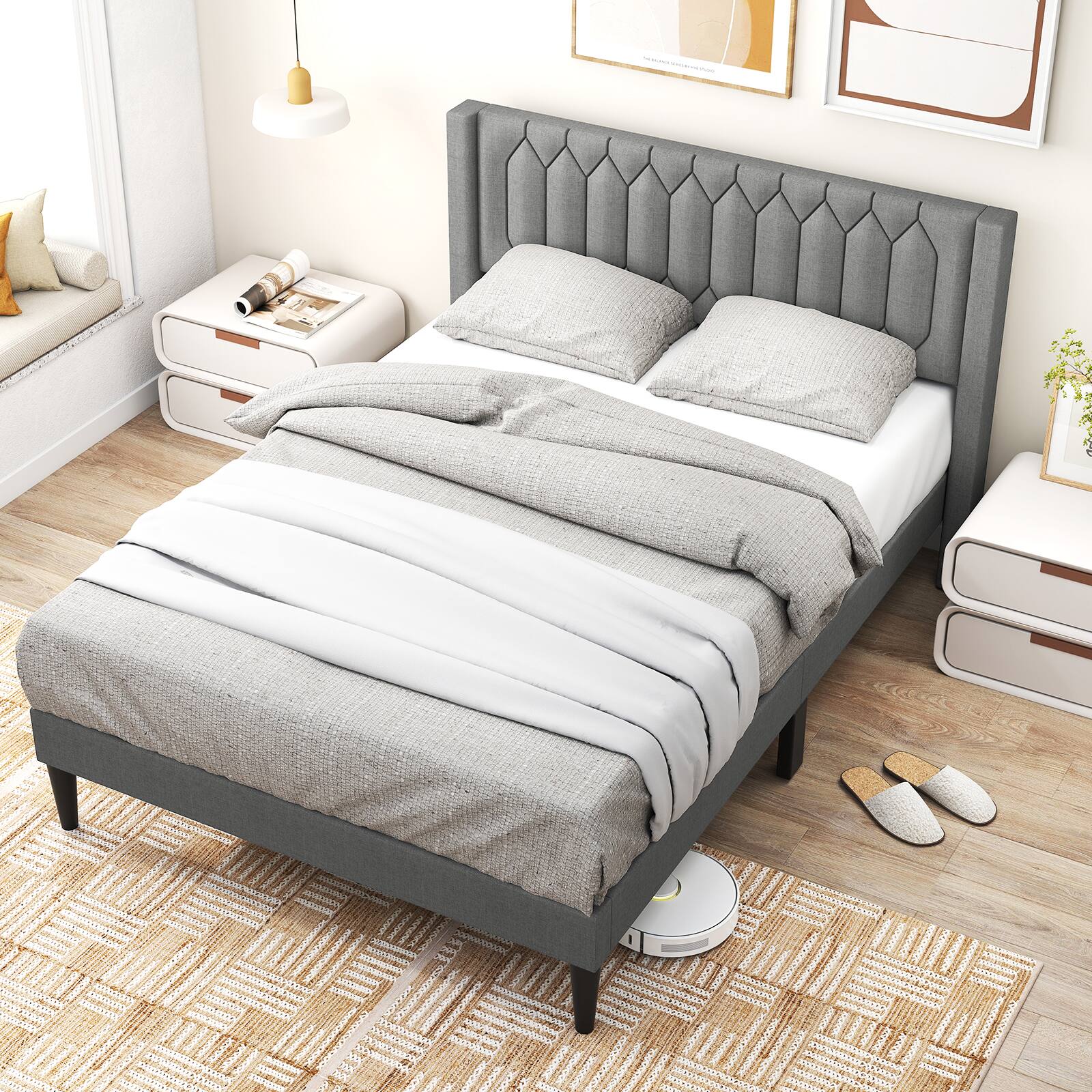 Alt View 4. Gymax - Gymax Queen Size Bed Frame Linen Fabric Upholstered Platform Bed w/Wingback Headboard Gray - Gray.