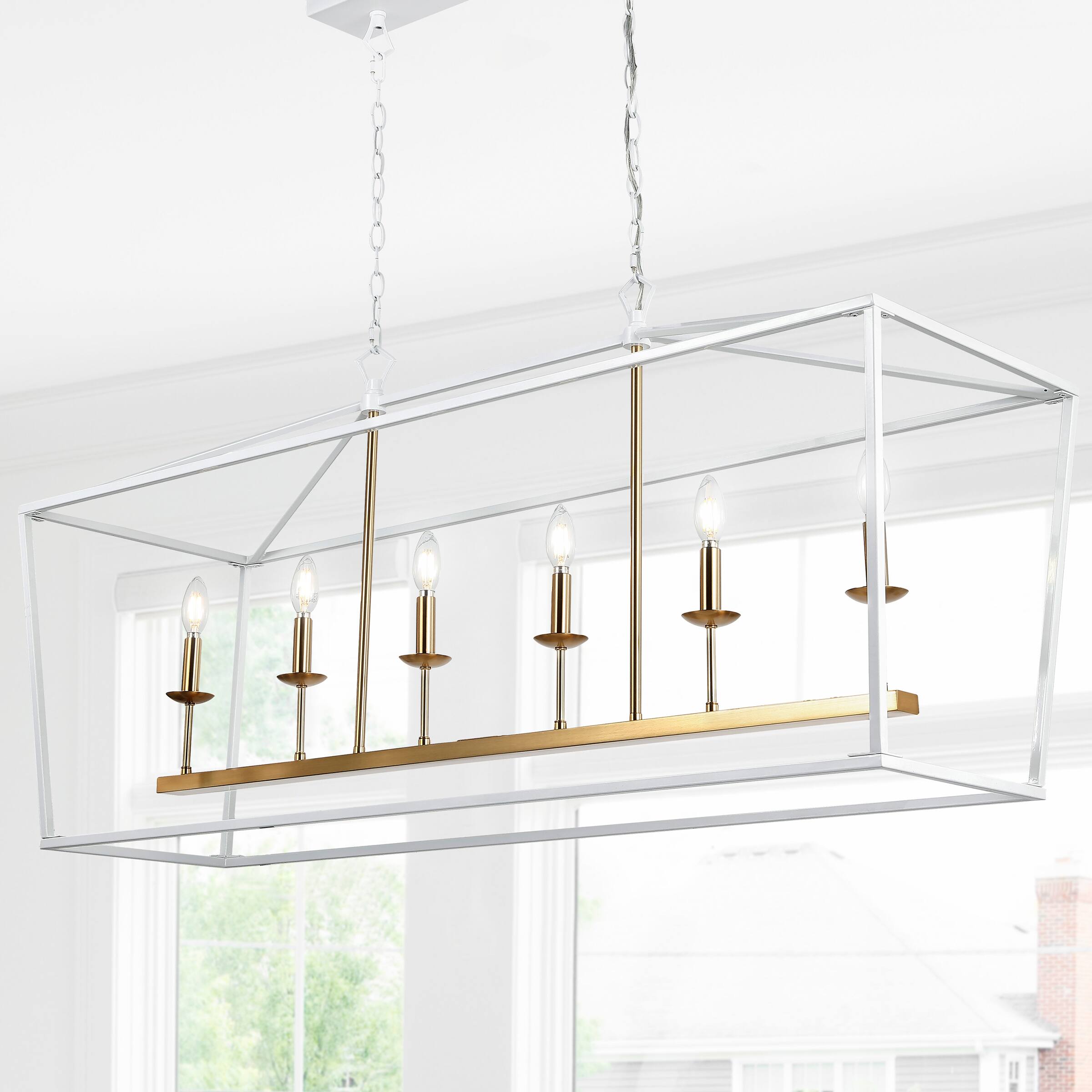 Alt View 1. Jonathan Y - Pagoda 49" 6-Light Classic Traditional Metal Linear Cage Lantern LED Pendant, White/Brass Gold - White.