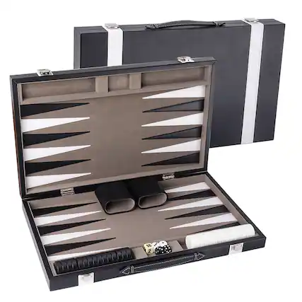 Front. GSE Games & Sports Expert - Premium Leather Backgammon Board Game Set, Backgammon Game Set with Leather Case -Black&Grey, Large.