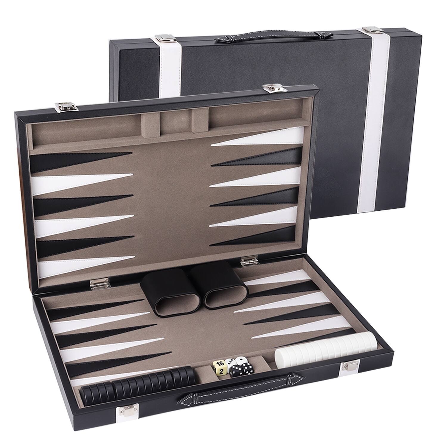Front. GSE Games & Sports Expert - Premium Leather Backgammon Board Game Set, Backgammon Game Set with Leather Case -Black&Grey, Large.
