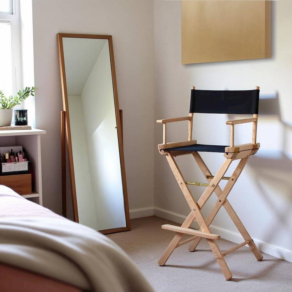 Alt View 3. FurniFact - Foldable Director Chair with Natural Wood Frame and Black Canvas - Natural Frame/Black Canvas.