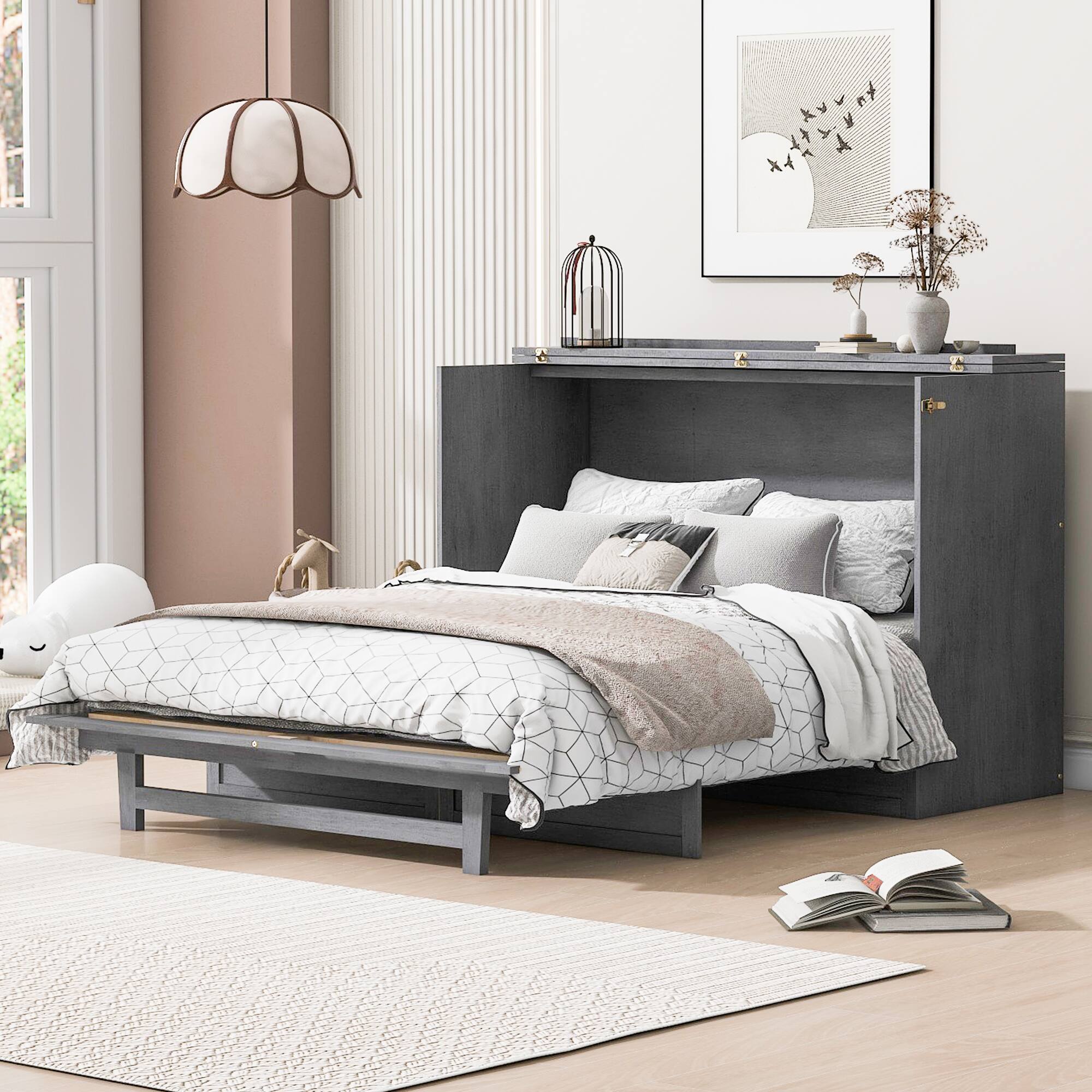 Angle. Tiramisubest - Queen Size Murphy Bed, Brushed Gray, Plywood w/ Drawers & USB - Gray.