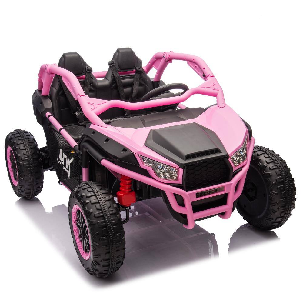 Angle. BreeBe - 24V 2-Seater Kids ride on UTV w/ Remote Control, 400W Motor, 4-Wheel Suspension, Bluetooth, MP3, USB, LED Light, Age 3+ - Pink.