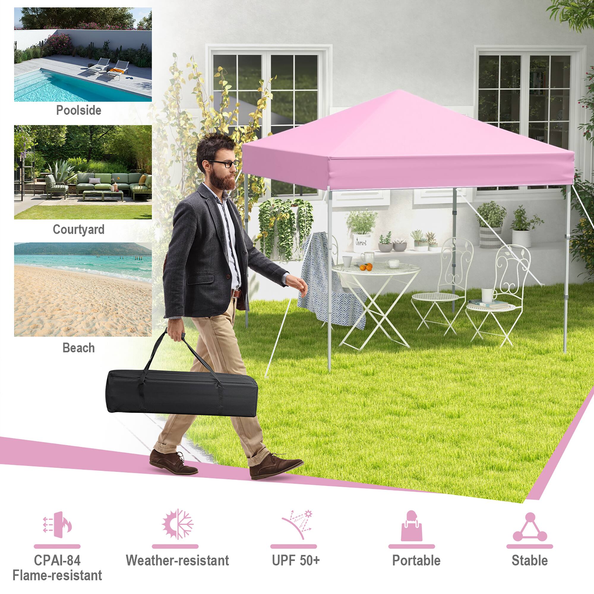 Poolside, Courtyard, Beach

CPAI-84 Flame-resistant

Weather-resistant

UPF 50+

Portable

Stable