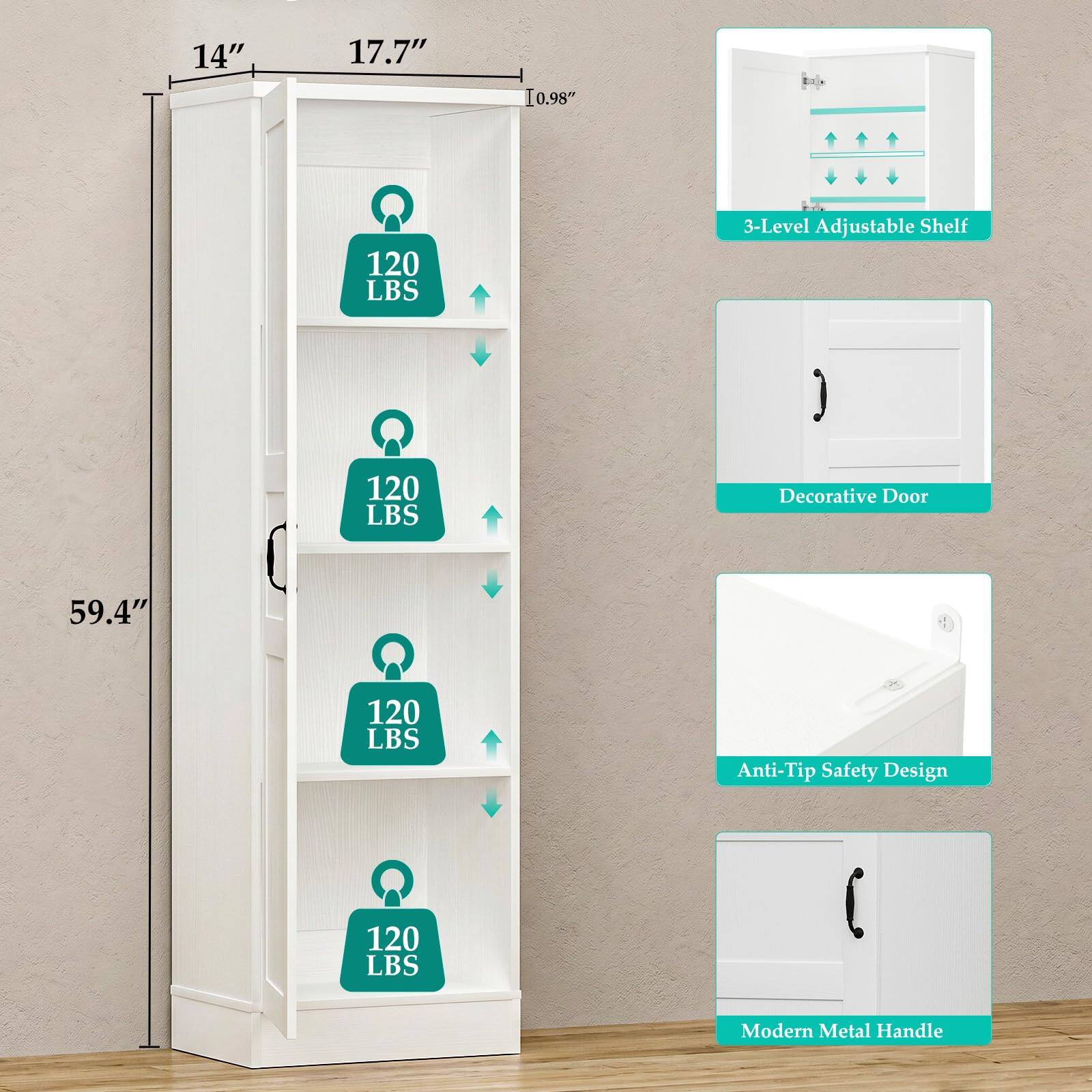14"  
17.7"  
10.98"  
120 LBS  
3-Level Adjustable Shelf  
120 LBS  
Decorative Door  
59.4"  
120 LBS  
Anti-Tip Safety Design  
120 LBS  
Modern Metal Handle