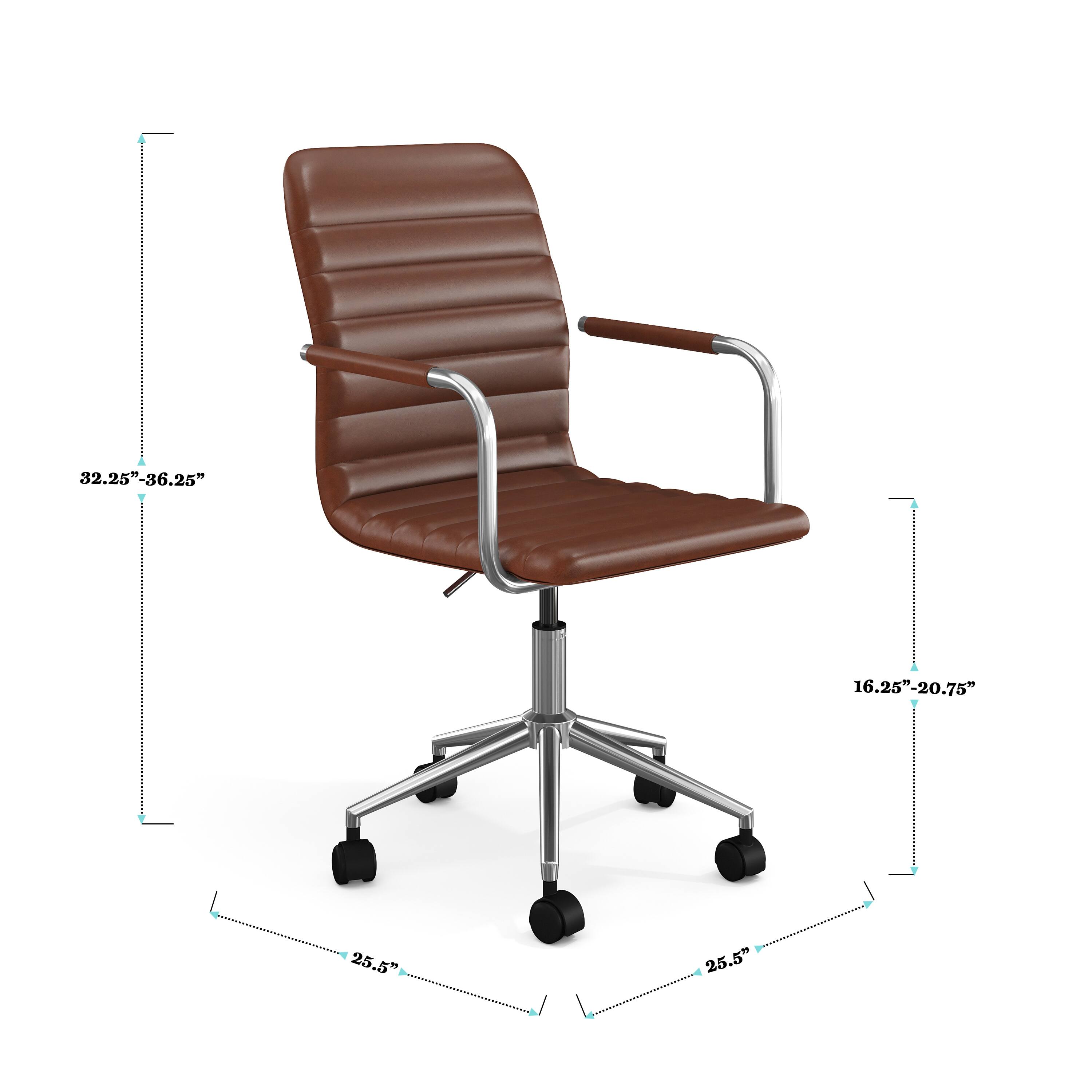 The text on the image reads: "32.25"-36.25" 16.25"-20.75" 25.5" 25.5". This information is likely related to the dimensions of the chair, such as the height, width, and depth. The first measurement, "32.25"-36.25", likely refers to the height of the chair, while the second measurement, "16.25"-20.75", could be the width or depth of the chair. The remaining measurements, "25.5" and "25.5", may be additional dimensions or specifications for the chair.