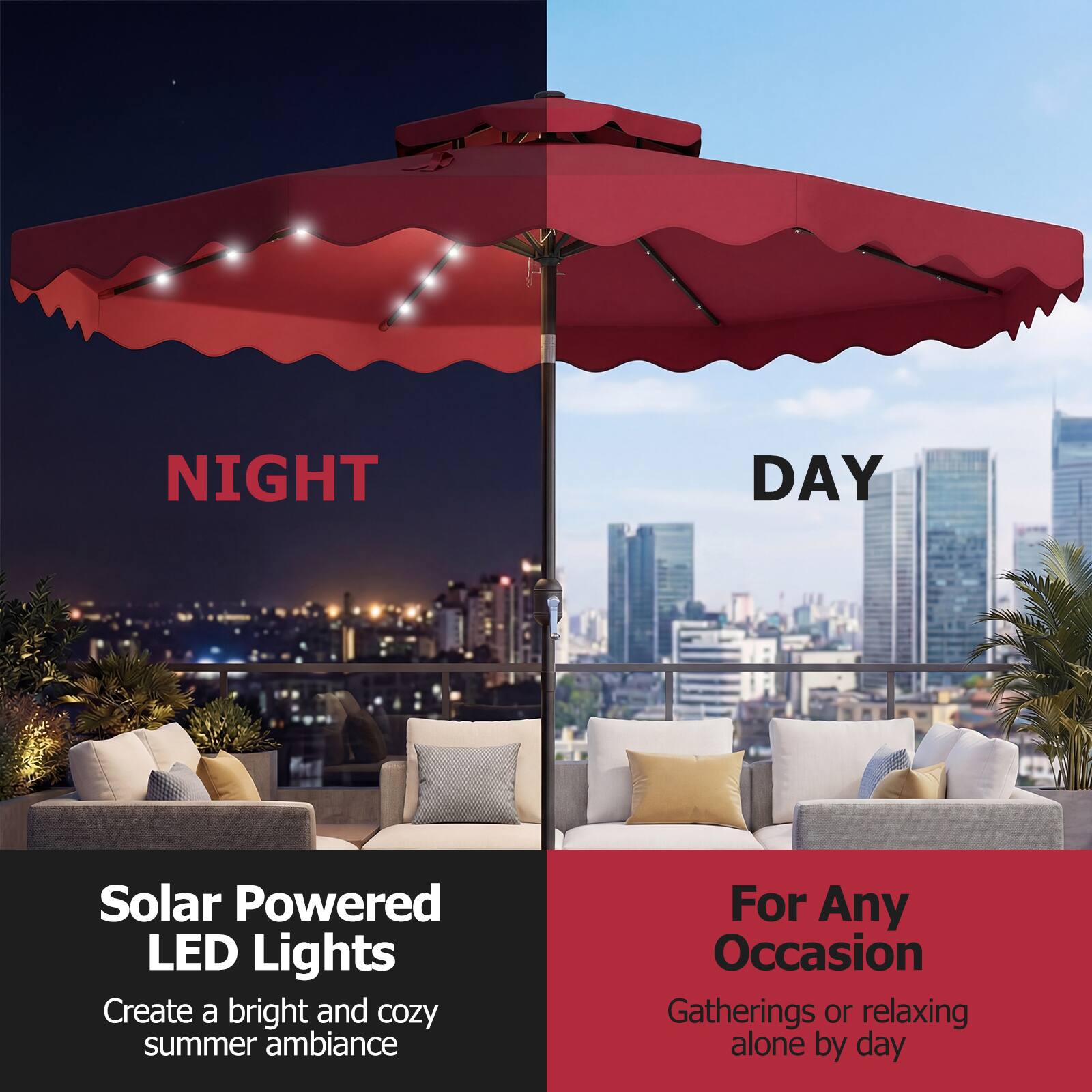 NIGHT  
DAY  

Solar Powered LED Lights  
Create a bright and cozy summer ambiance  

For Any Occasion  
Gatherings or relaxing alone by day