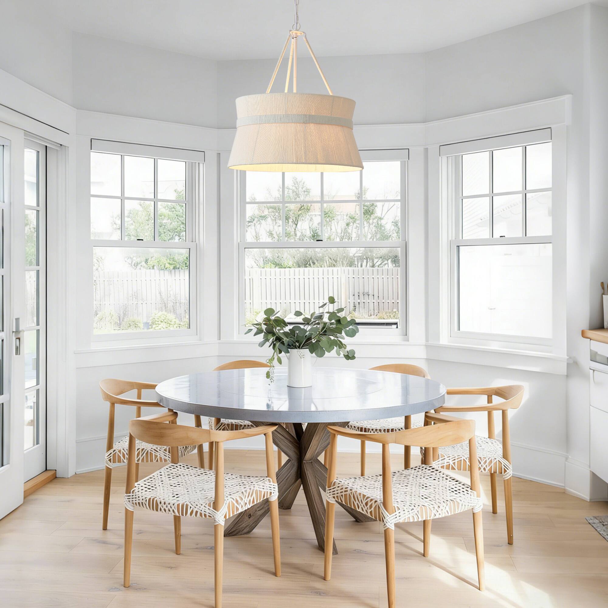 Left. RYHNUYNE - 5 Light White Drum Chandelier with Hand-Woven Rattan Shade 19.68in Pendant Light for Dining Room, Kitchen Island.