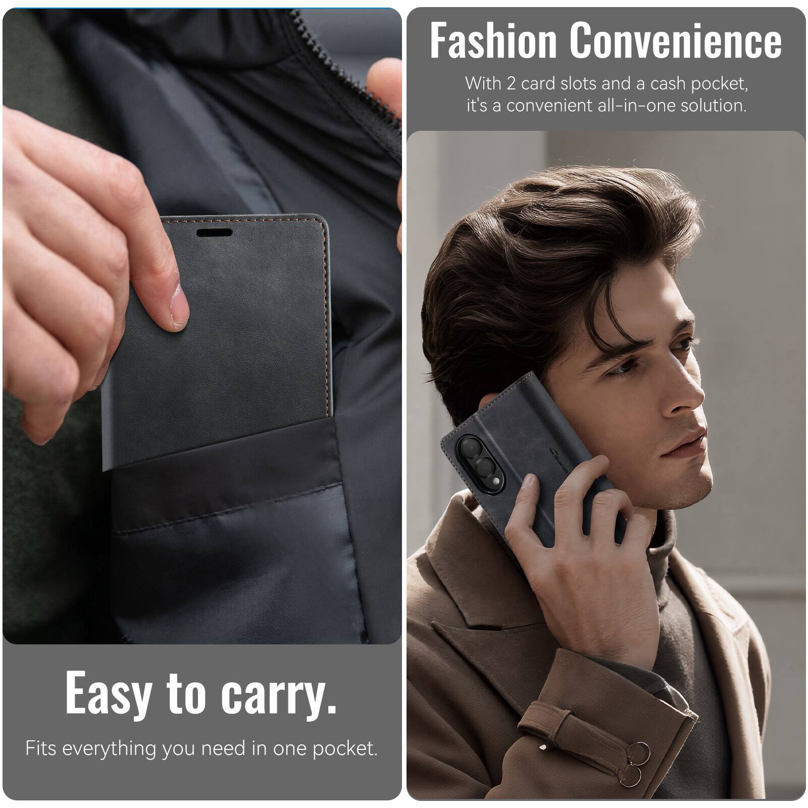 Fashion Convenience

With 2 card slots and a cash pocket, it's a convenient all-in-one solution.

Easy to carry.

Fits everything you need in one pocket.