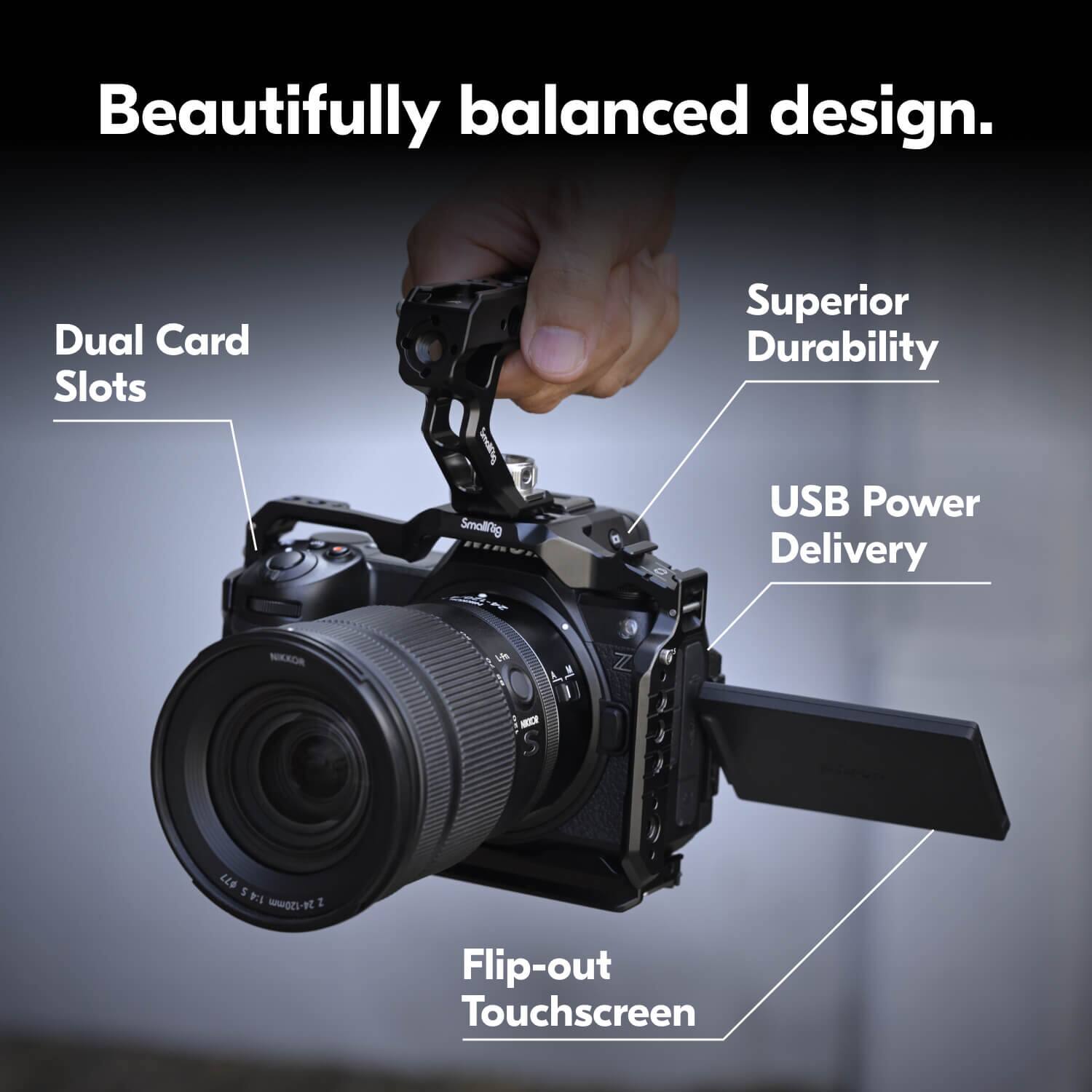 Beautifully balanced design. Dual Card Slots. Superior Durability. USB Power Delivery. Flip-out Touchscreen.