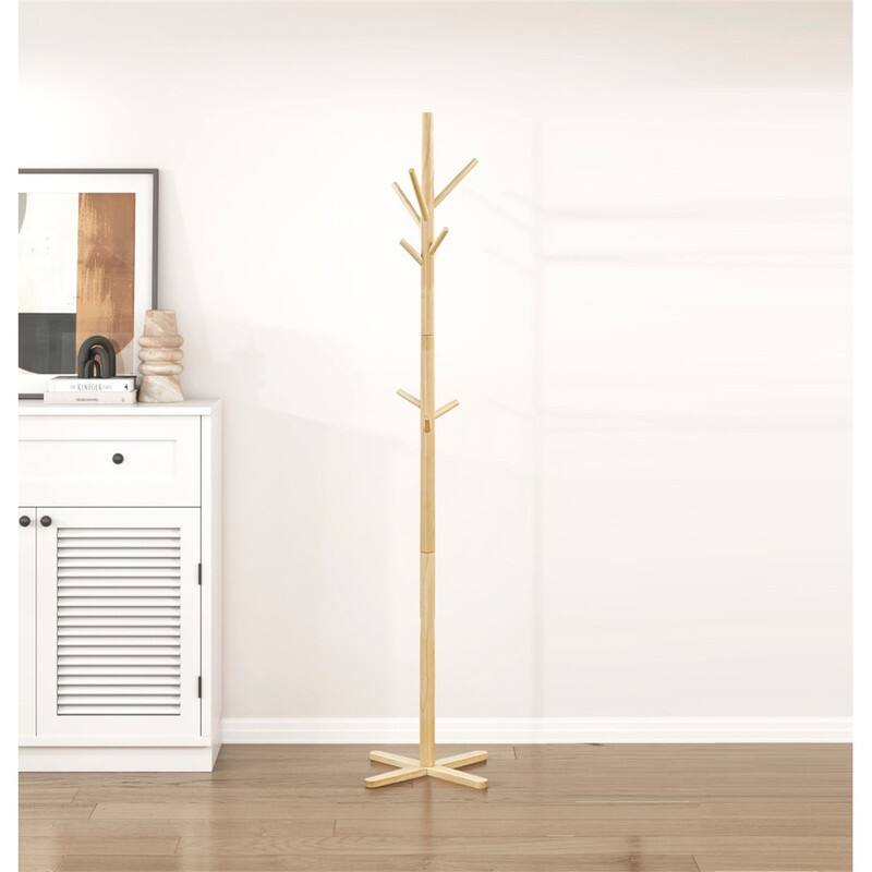 Angle. ALEXOUN - Solid Wood Coat Rack - 9 Hooks Entryway Stand, Modern Home Furniture with X-Shaped Base, Rack for Small Space - Natural.