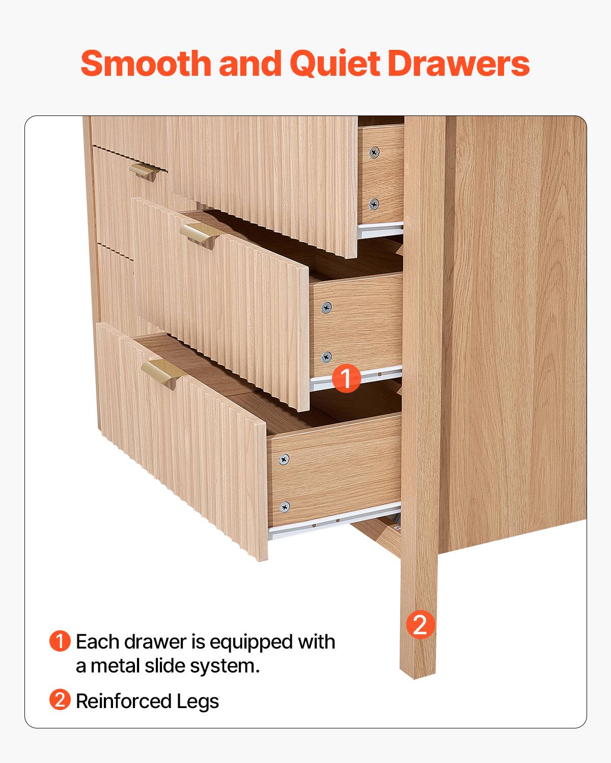 Smooth and Quiet Drawers

1. Each drawer is equipped with a metal slide system.
2. Reinforced Legs