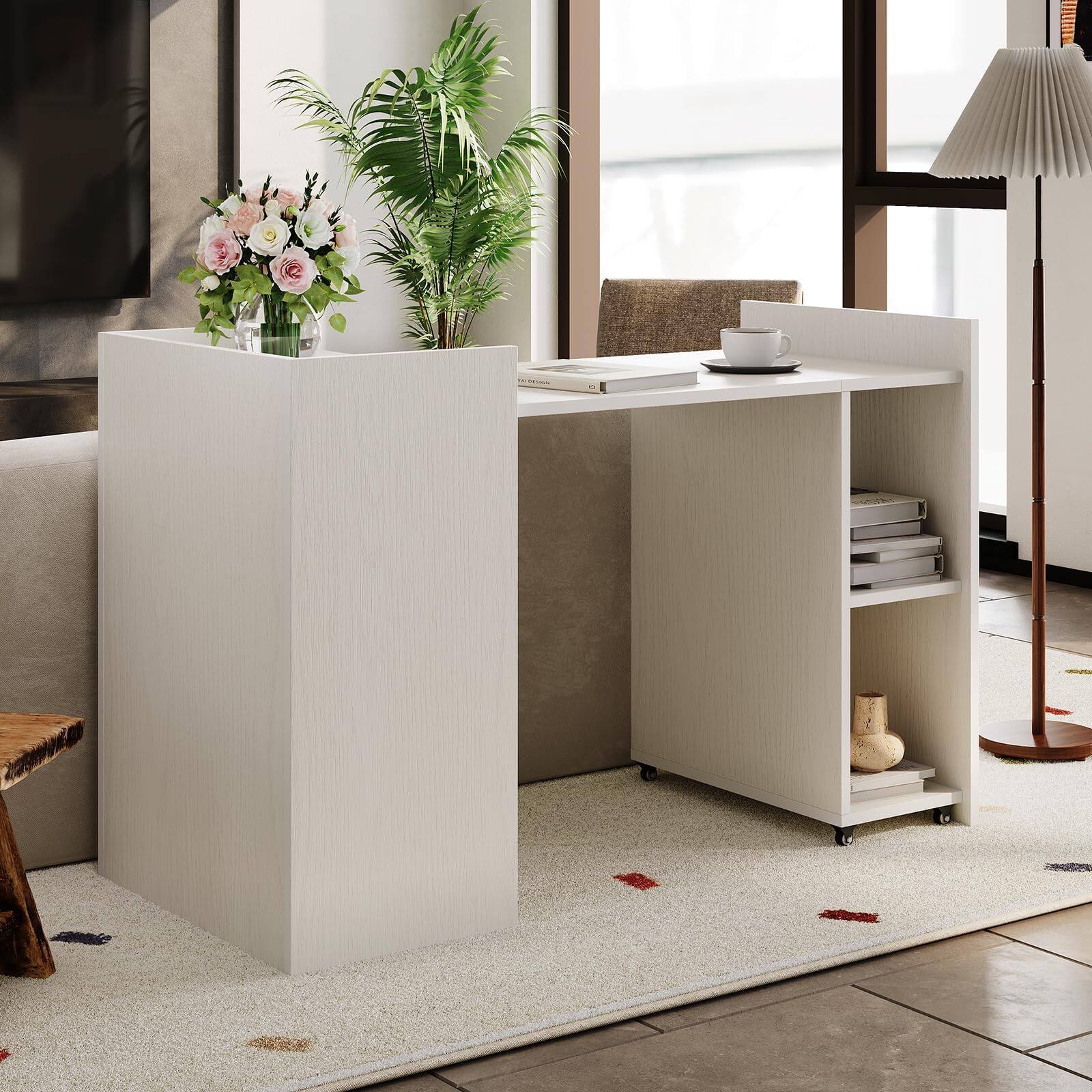 Alt View 4. Babevy - 50" Foldable Extension Desk with Storage Cabinet, Compact Office Table with 3-Tier Shelves & Wheels - White.