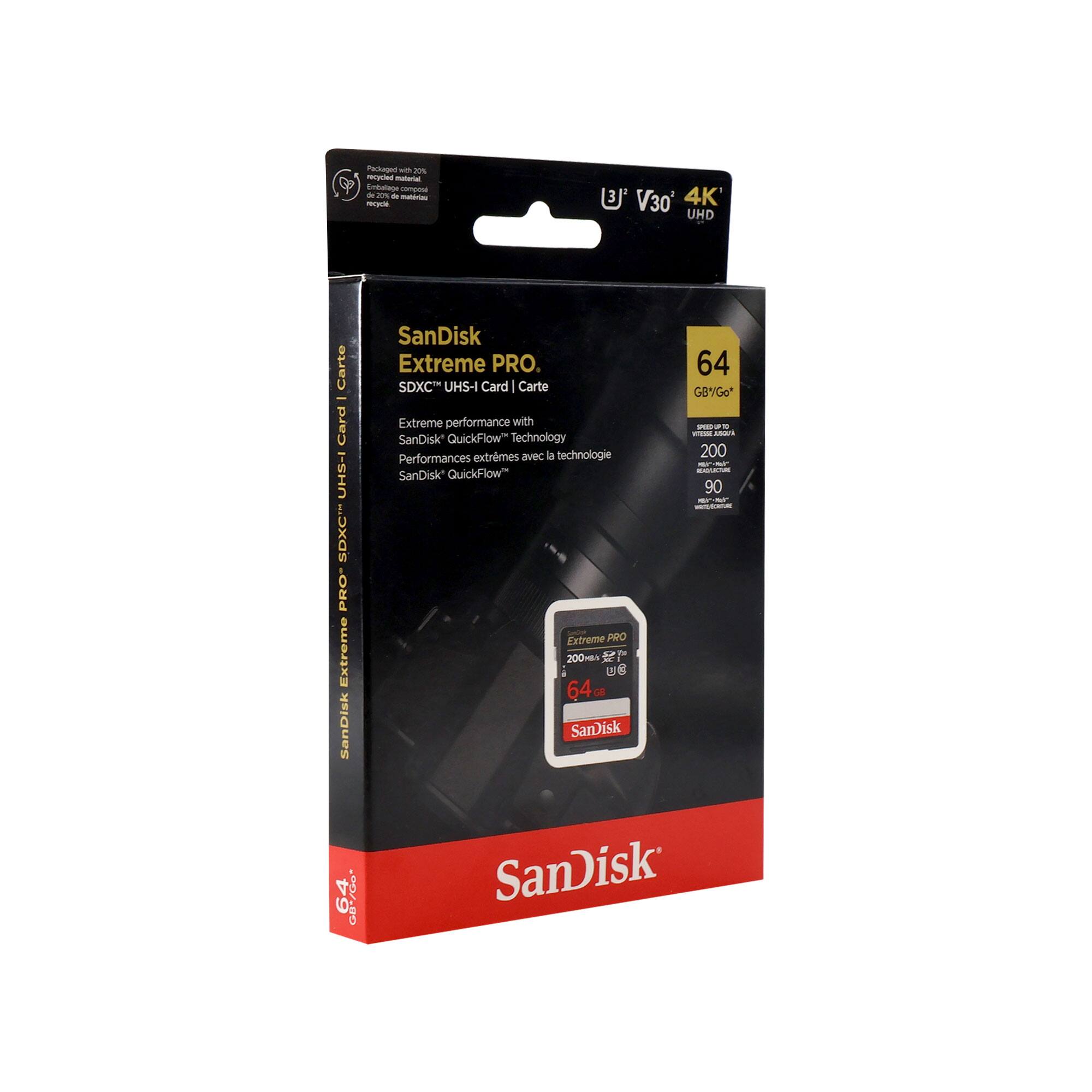 SanDisk Extreme PRO.  
SDXC™ UHS-I Card | Carte SDXC™ UHS-I  
Extreme performance with SanDisk QuickFlow™ Technology  
Performances extrêmes avec la technologie SanDisk QuickFlow™  

64 GB*  
Speed up to 200 MB/s  
V30 UHD  
4K  

SanDisk Extreme PRO  
200 MB/s  
90 MB/s  

Packaged with 20% recycled material  
Fabriqué avec 20% de matériau recyclé  

SanDisk