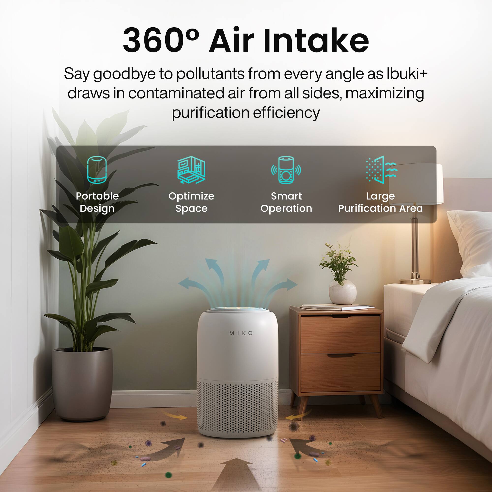 360 Air Intake
Say goodbye to pollutants from every angle as Ibuki+ draws in contaminated air from all sides, maximizing purification efficiency

Portable Design
Optimize Space
Smart Operation
Large Purification Area
MIKO