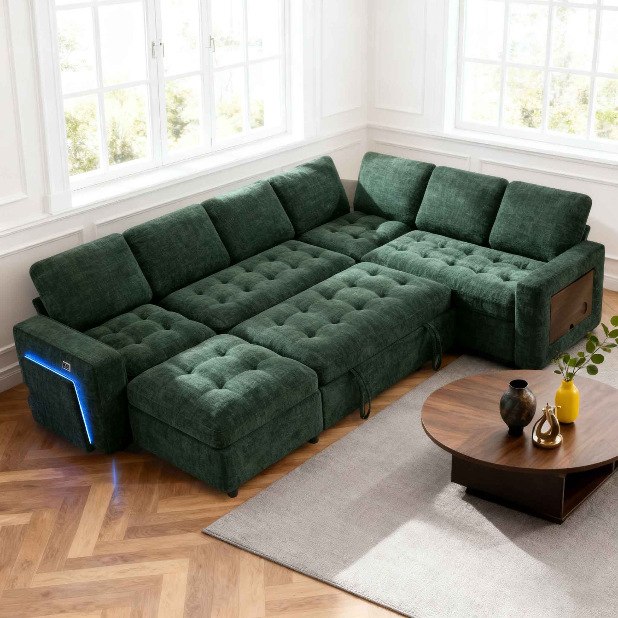 Front. Vipbear - Vipbear 7-Seat Modular Sectional Sleeper Sofa with Pull-Out Bed, Reclining Backrest, USB Ports, Table, LED Lights,Green - Green.
