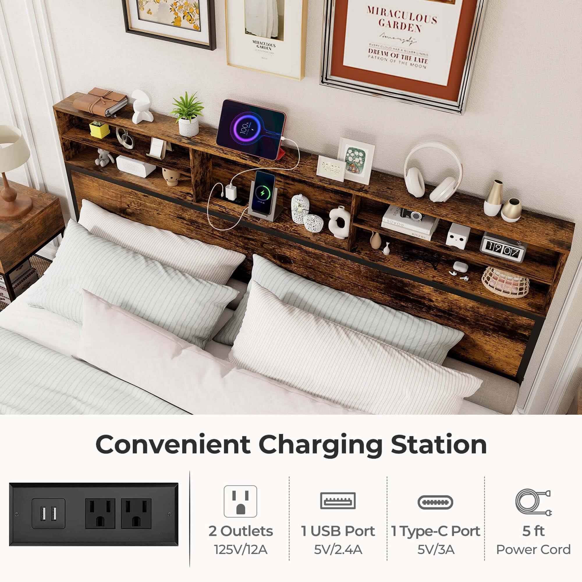 Convenient Charging Station: 2 Outlets, 125V/12A, 1 USB Port, 1 Type-C Port, 5 ft 5V/2.4A, 5V/3A Power Cord.