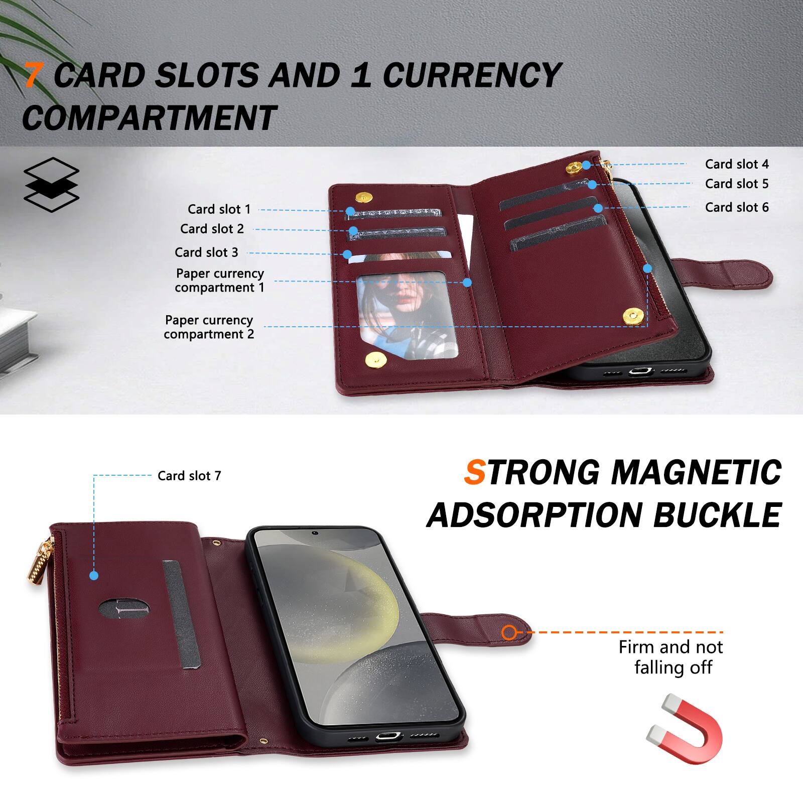 7 CARD SLOTS AND 1 CURRENCY COMPARTMENT

Card slot 1
Card slot 2
Card slot 3
Paper currency compartment 1
Paper currency compartment 2

Card slot 4
Card slot 5
Card slot 6
Card slot 7

STRONG MAGNETIC ADSORPTION BUCKLE
Firm and not falling off
