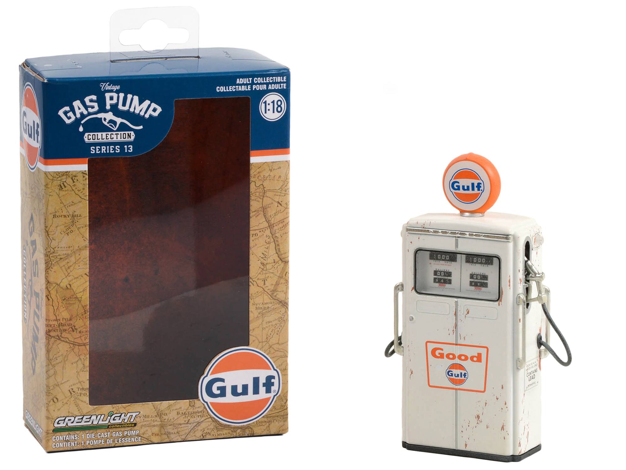 Vintage GAS PUMP  
COLLECTION SERIES 13  
ADULT COLLECTIBLE  
1:18  
Gulf  
GREENLIGHT  
CONTAINS: 1 DIE-CAST GAS PUMP  
CONTIENT: 1 POMPE DE L'ESSENCE  
Good Gulf