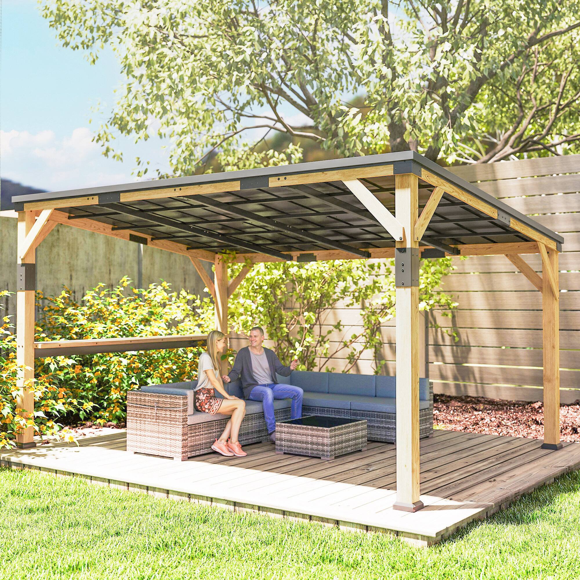 Alt View 8. Outsunny - 10' x 14' Wooden Gazebo, Hardtop Lean-to Gazebo Pergola with Galvanized Steel Sloped Roof, Bar Shelf.