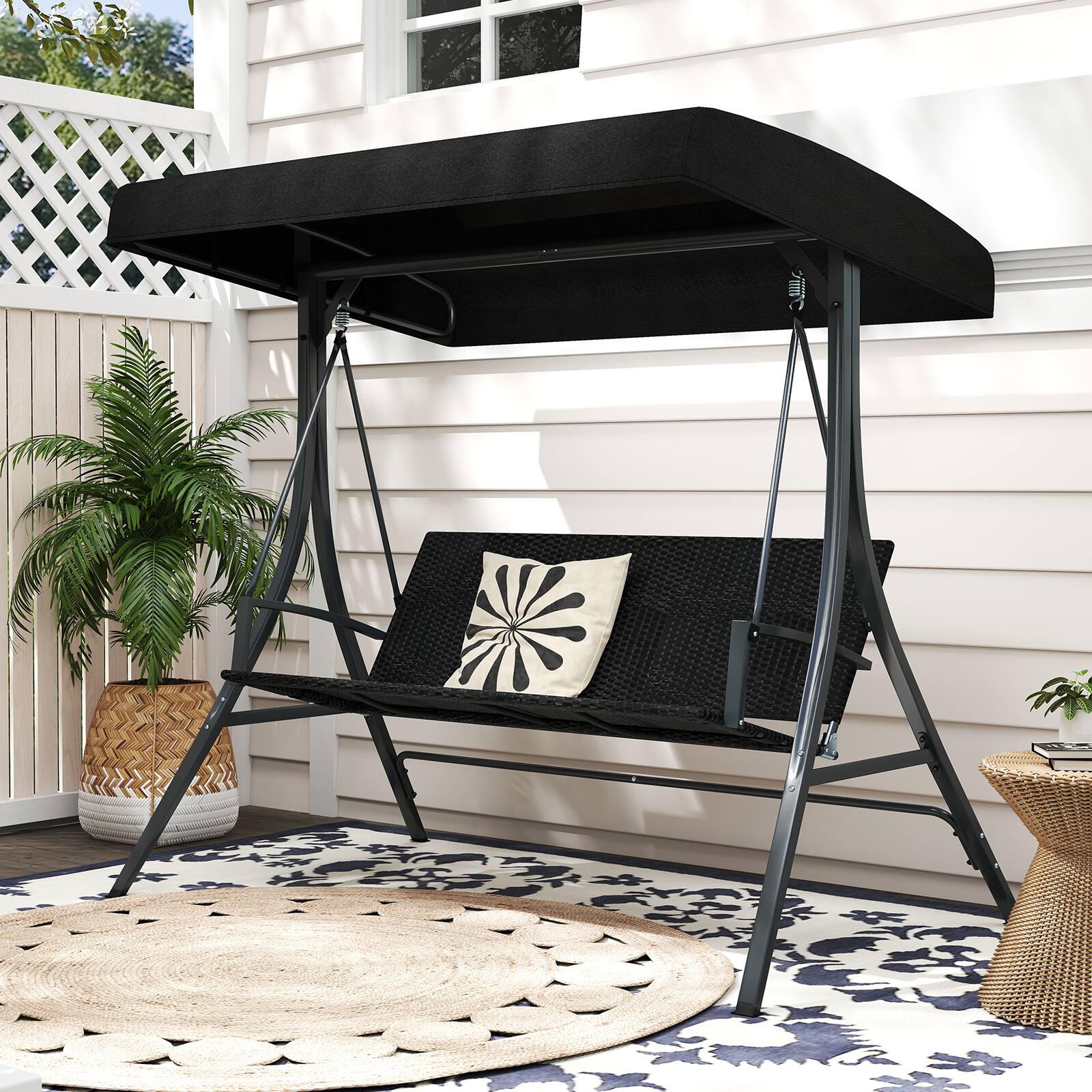 Alt View 1. Gymax - Gymax 3-Person Porch Swing w/ Stand w/ Rattan Seat Back Metal Frame Adjustable Shade - Black.