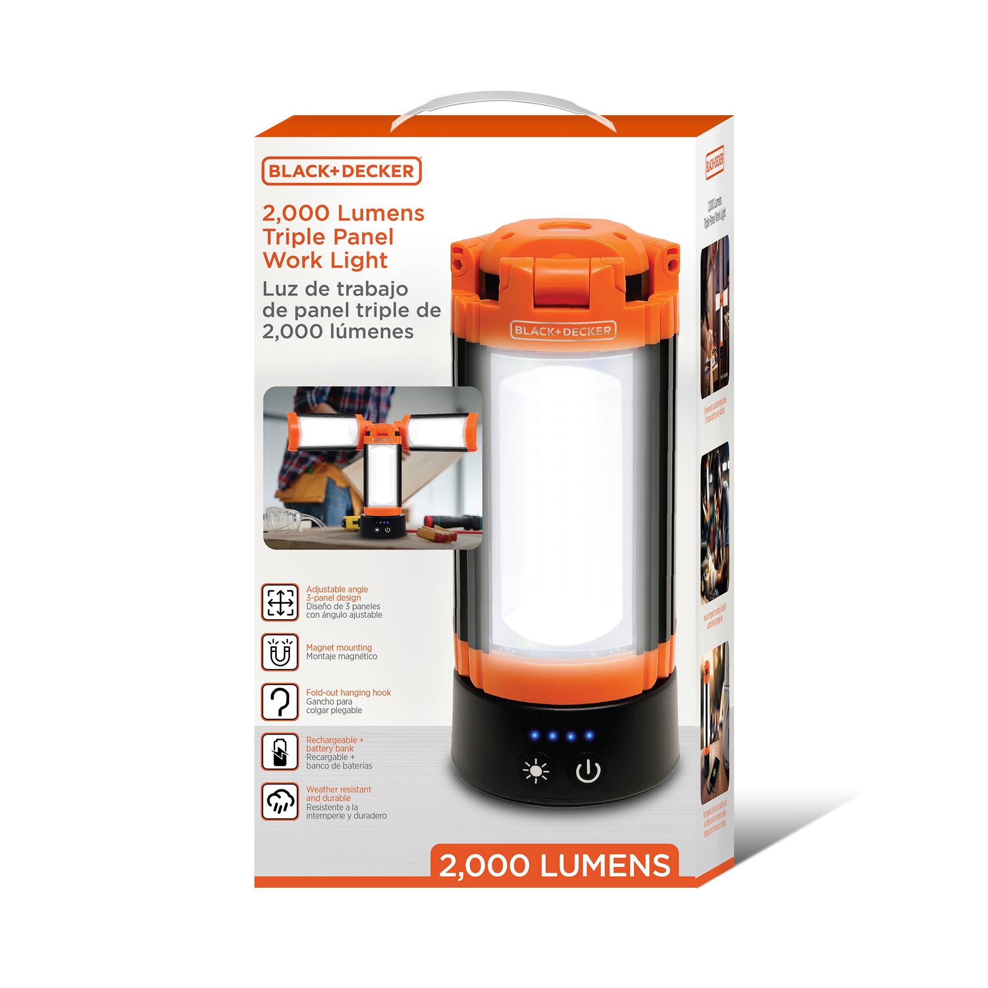 BLACK+DECKER 2,000 Lumens Triple Panel Work Light Luz de trabajo de panel triple de 2,000 lmenes

BLACK+DECKER

Adjustable angle 3-panel design Diseño de 3 paneles con ángulo ajustable
* Magnet mounting Montaje magnético
Fold-out hanging hook Gancho para colgar plegable
Rechargeable battery bank Banco de baterías recargable
Weather resistant and durable Resistente a la intemperie y duradero
2,000 LUMENS