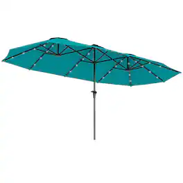 Outsunny - 13ft Large Patio Umbrella with Solar Lights, Rectangular Double-Sided Outdoor Market Umbrella with Crank Handle - Blue
