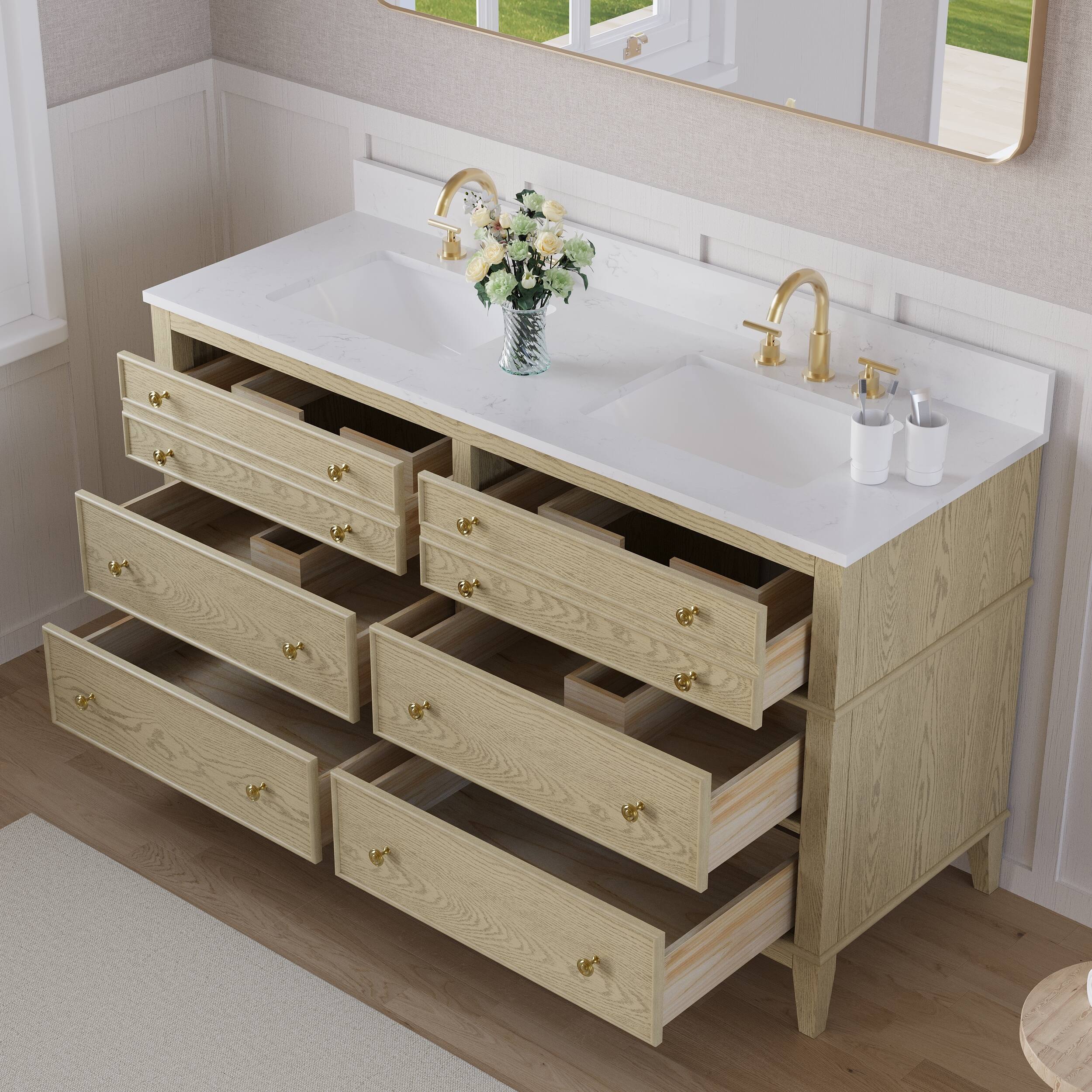 Back. WELLFOR - MEGAN 60 in. Freestanding Solid Wood Bath Vanity with Quartz Top, Double Sink, Soft Close, Assembled - OAK.