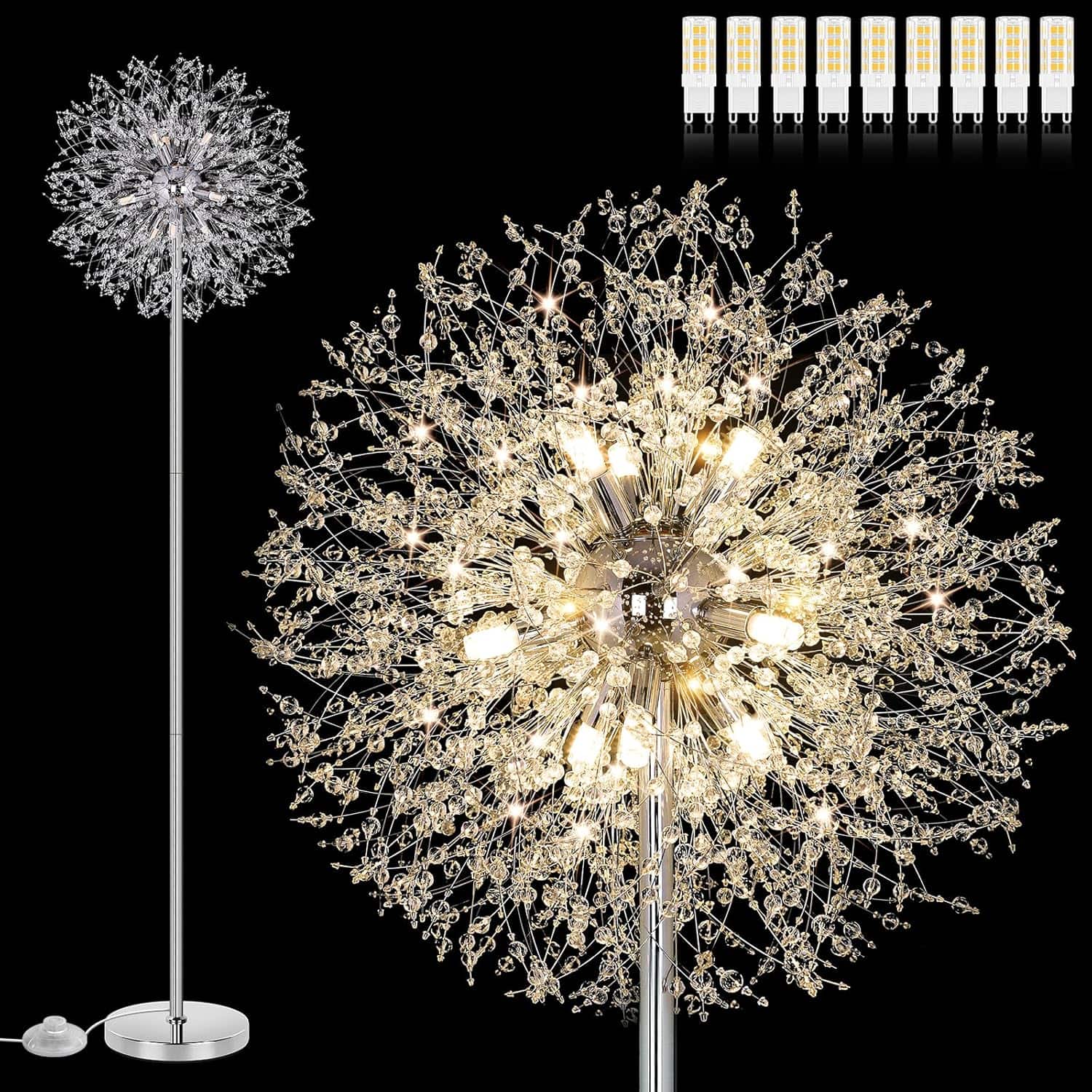 Nordic Hygge - 69'' Crystal Floor Lamp for Living Room, Modern Standing Lamp with 738PCS K9 Crystals, Tall Lamp Pole Light - Silver