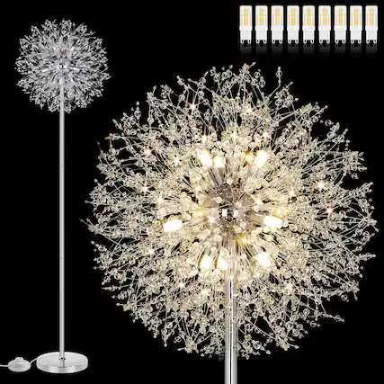 Front. Nordic Hygge - 69'' Crystal Floor Lamp for Living Room, Modern Standing Lamp with 738PCS K9 Crystals, Tall Lamp Pole Light - Silver.