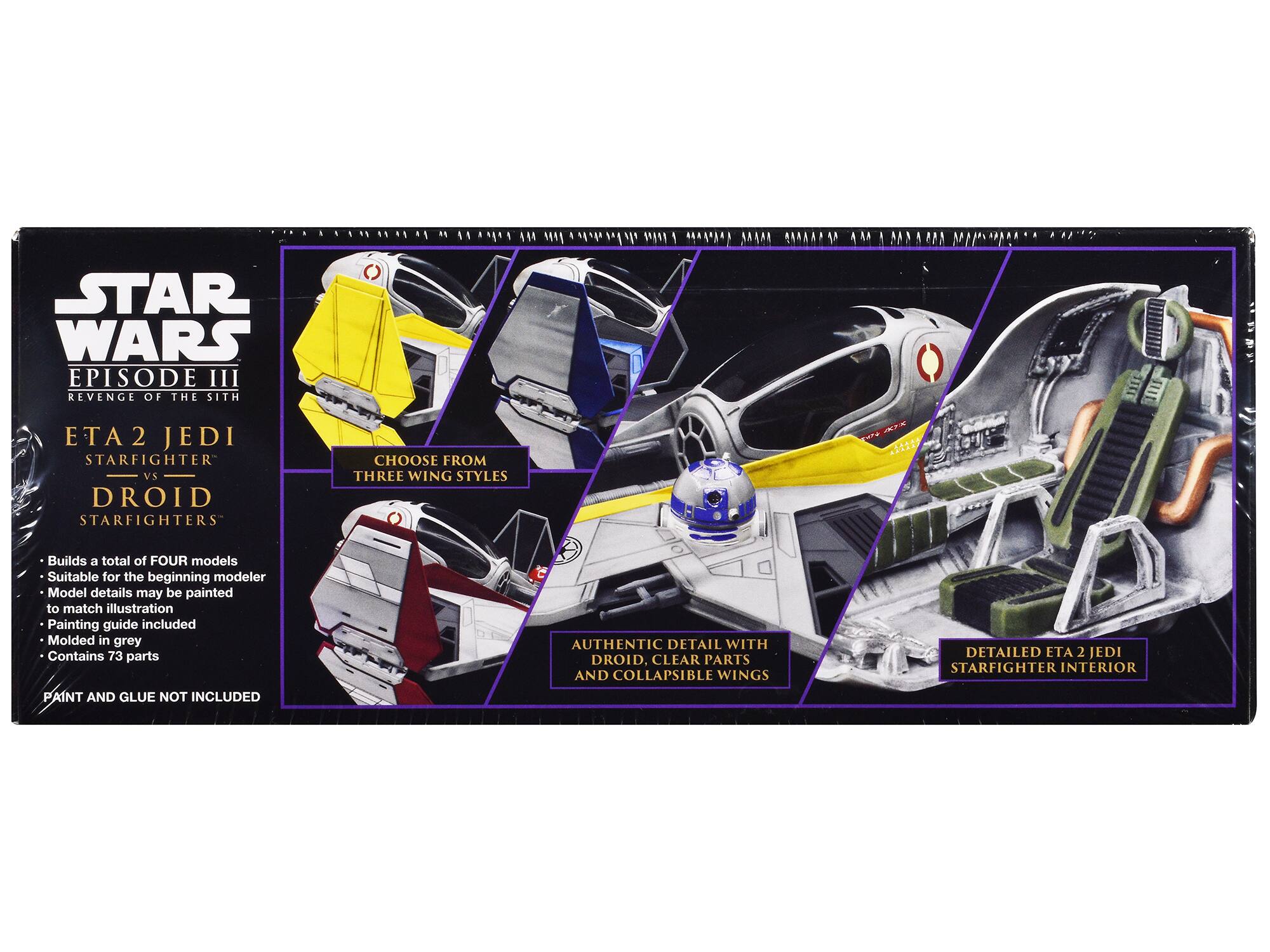 STAR WARS EPISODE III REVENGE OF THE SITH  
ETA 2 JEDI STARFIGHTER vs DROID STARFIGHTERS  

- Builds a total of FOUR models  
- Suitable for the beginning modeler  
- Model details may be painted to match illustration  
- Painting guide included  
- Molded in grey  
- Contains 73 parts  
- PAINT AND GLUE NOT INCLUDED  

CHOOSE FROM THREE WING STYLES  

AUTHENTIC DETAIL WITH DROID, CLEAR PARTS AND COLLAPSIBLE WINGS  

DETAILED ETA 2 JEDI STARFIGHTER INTERIOR