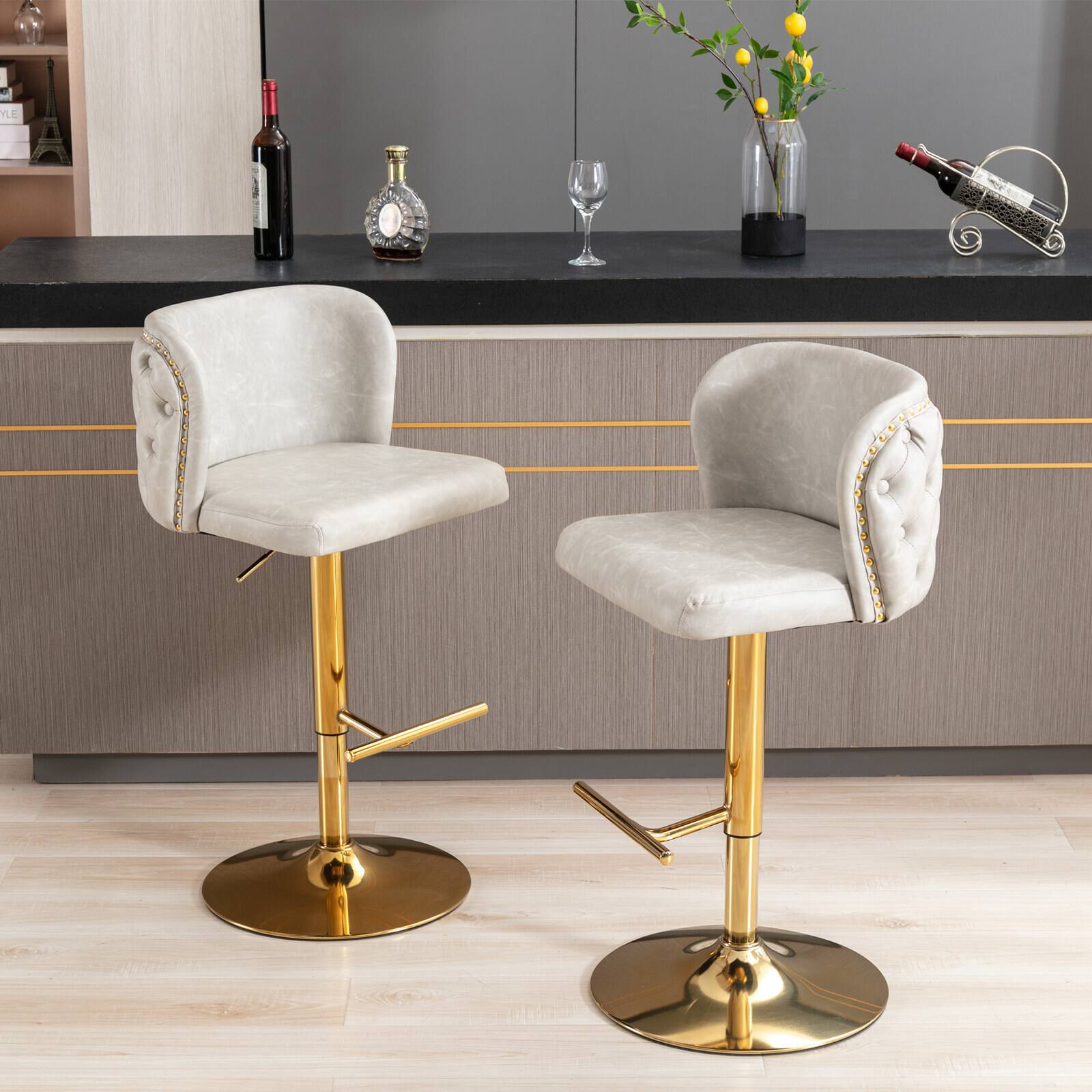 Left. Trinkets Crazed - Swivel Barstools Set of 2, Adjusatble Seat Height with Gold-Plating Base, Classic PU Upholstered Bar Stools - Beige.