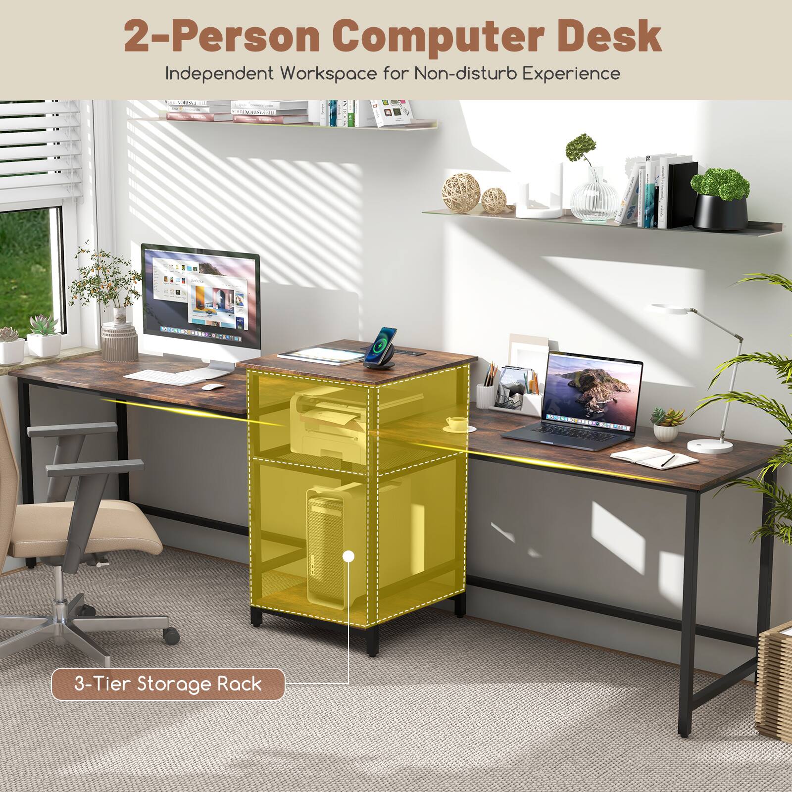 2-Person Computer Desk  
Independent Workspace for Non-disturb Experience  

3-Tier Storage Rack