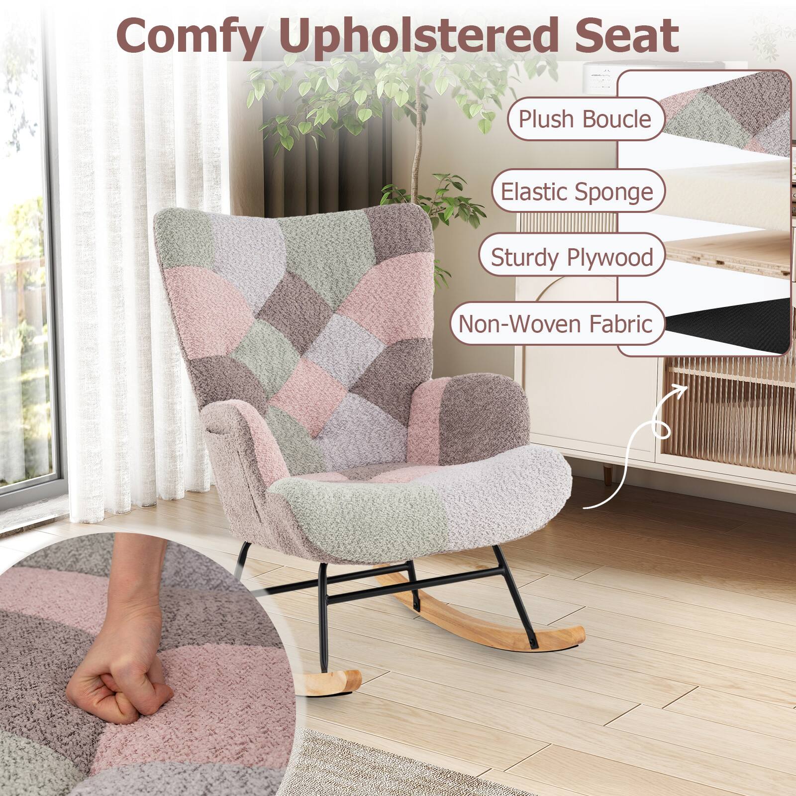 Comfy Upholstered Seat

- Plush Boucle
- Elastic Sponge
- Sturdy Plywood
- Non-Woven Fabric