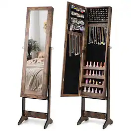 Costway - Jewelry Mirrored Cabinet Armoire Organizer Storage Box with Stand Christmas Gift - Brown