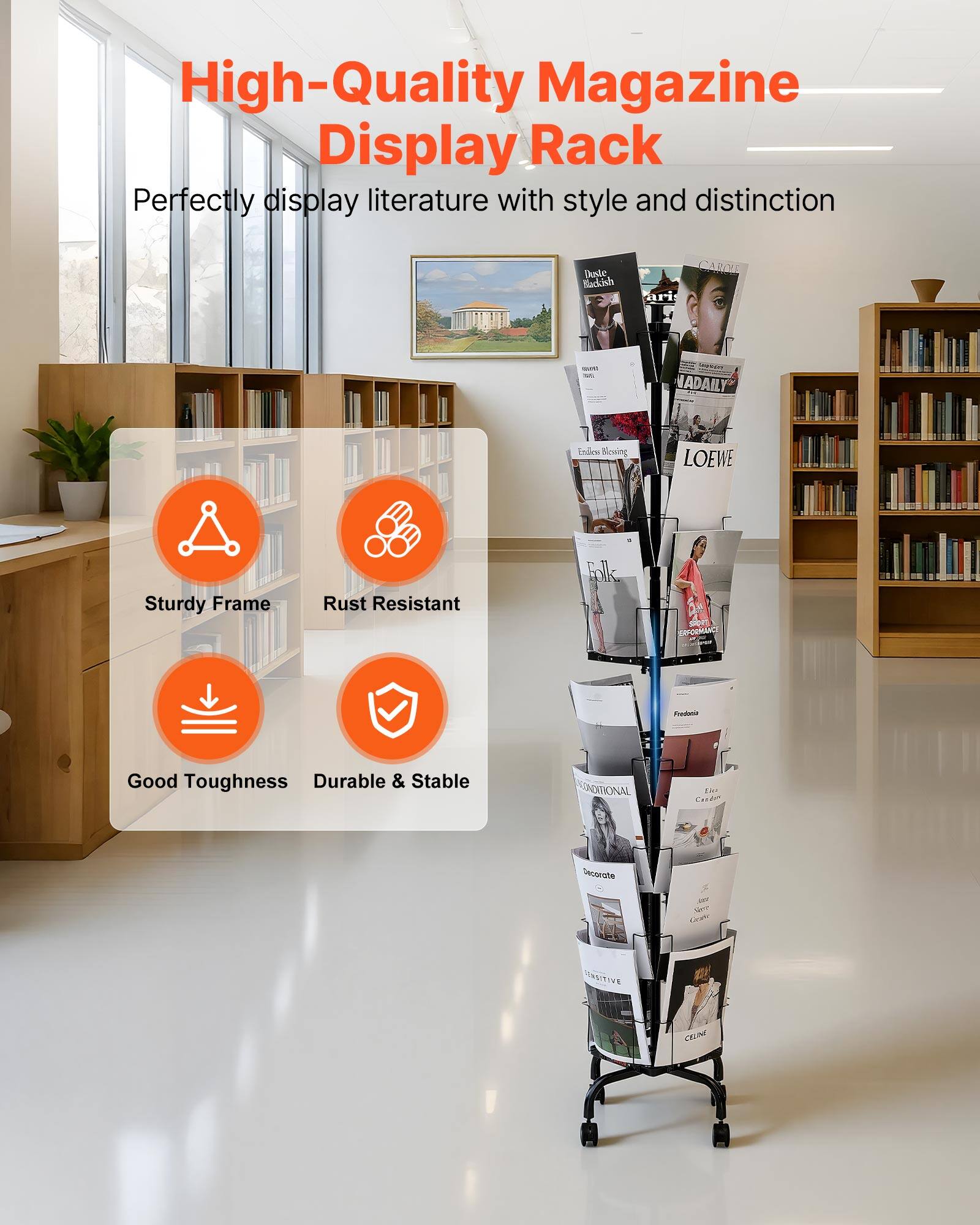 High-Quality Magazine Display Rack  
Perfectly display literature with style and distinction  

- Sturdy Frame  
- Rust Resistant  
- Good Toughness  
- Durable & Stable