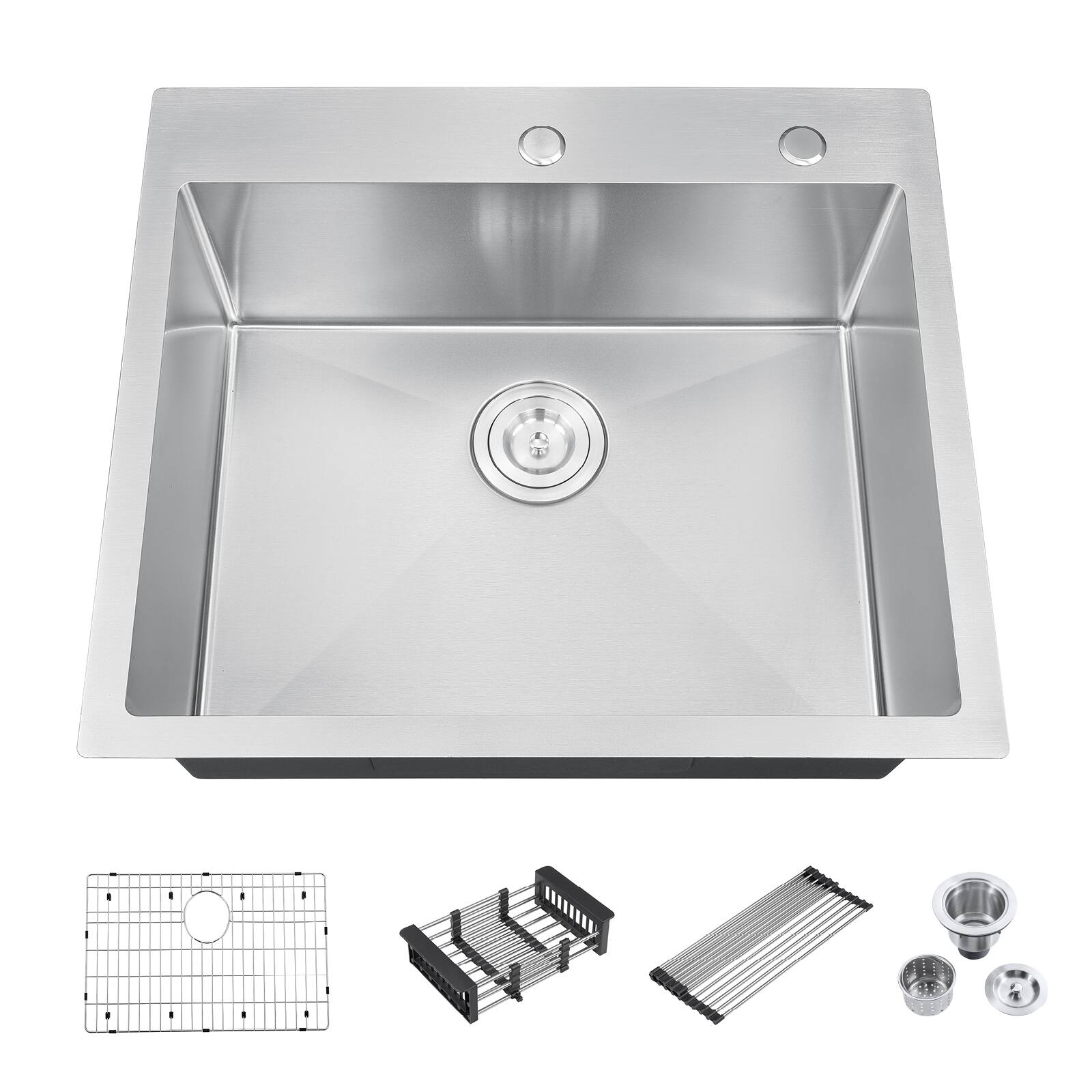 Alt View 8. Akicon - Akicon 25 in. Drop-in Single Bowl 20-Gauge Silver Nano-Coated Kitchen Sink with Grid, Strainer, Colander and Rollup Rack - Silver.