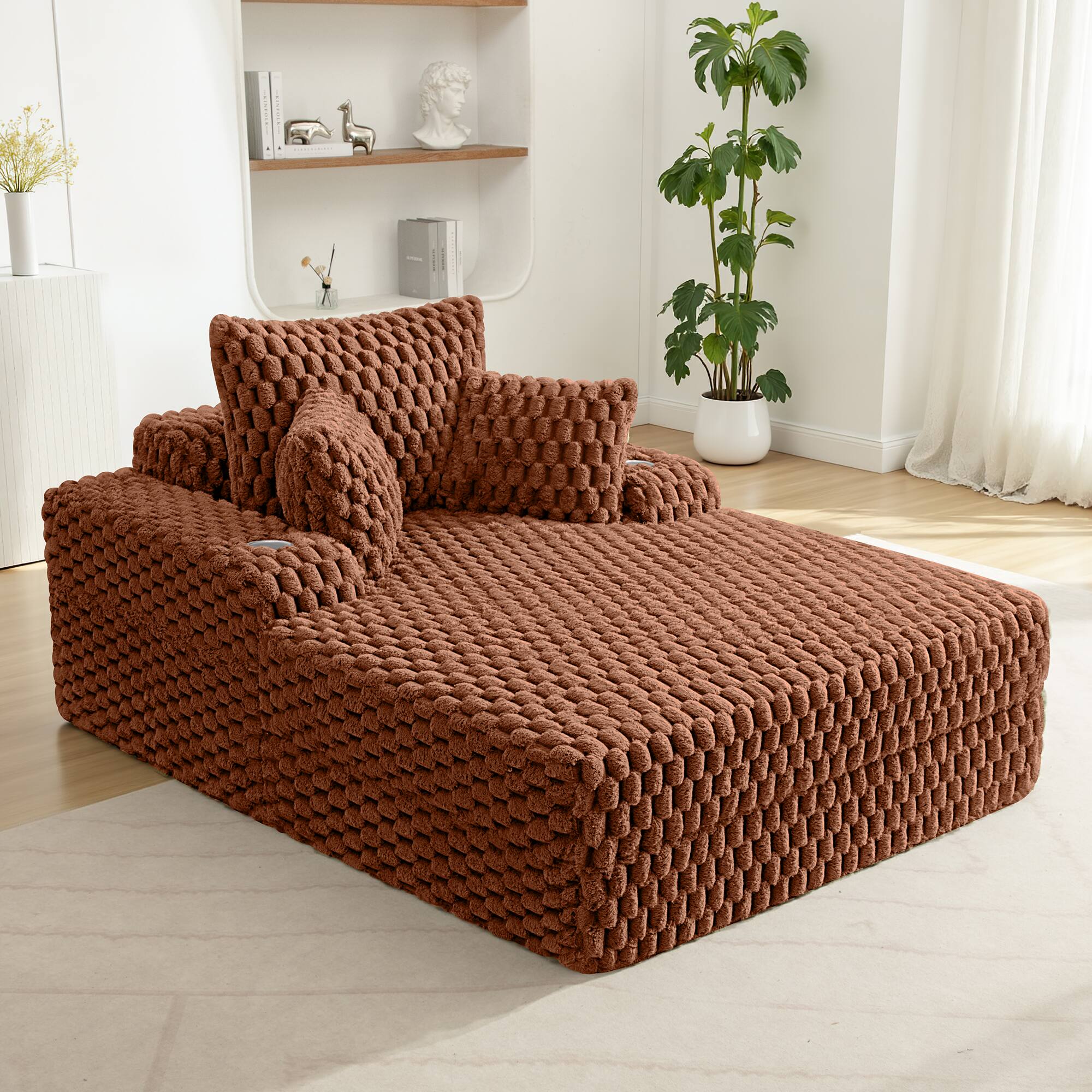 Alt View 5. KERDOM - Single Sofa Bed Chaise Lounge Couch, Plush Floor Sofa Sleeper with Pillows, Cup Holder, Side Pouch, No Need Assembly - Brown.
