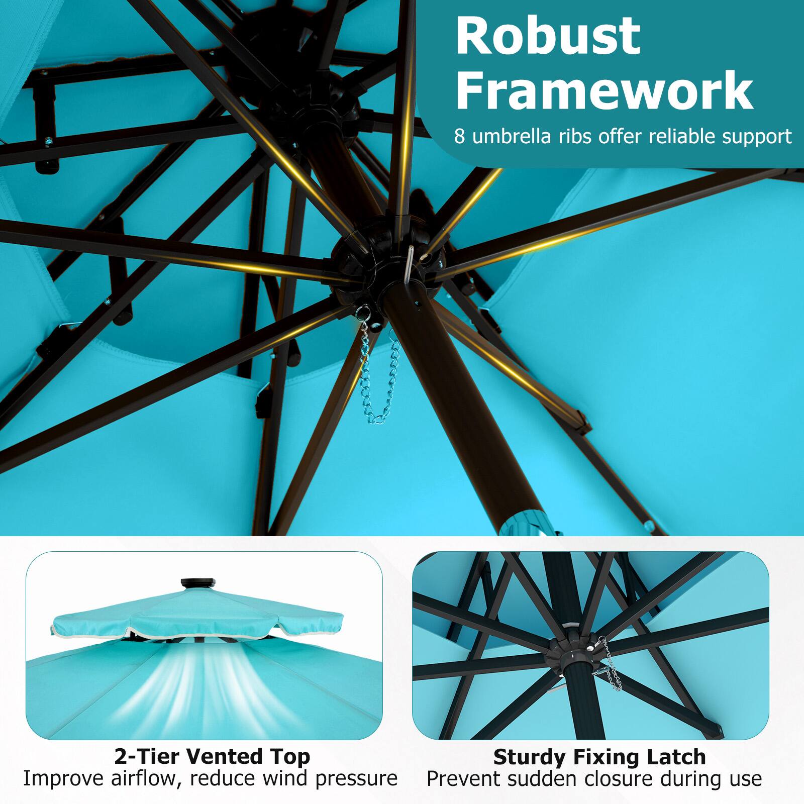 Robust Framework  
8 umbrella ribs offer reliable support

2-Tier Vented Top  
Improve airflow, reduce wind pressure

Sturdy Fixing Latch  
Prevent sudden closure during use
